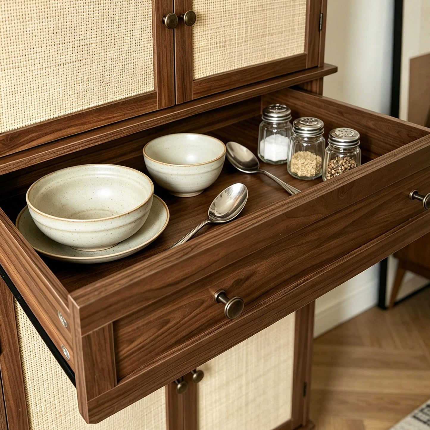 72.2" Walnut Rattan Kitchen Pantry Cabinet, Freestanding Farmhouse Storage Hutch with 4 Adjustable Shelves & 1 Drawer, 180° Metal Hinges Anti-Toppling Tall Wooden Cupboard for Kitchen Dining Room