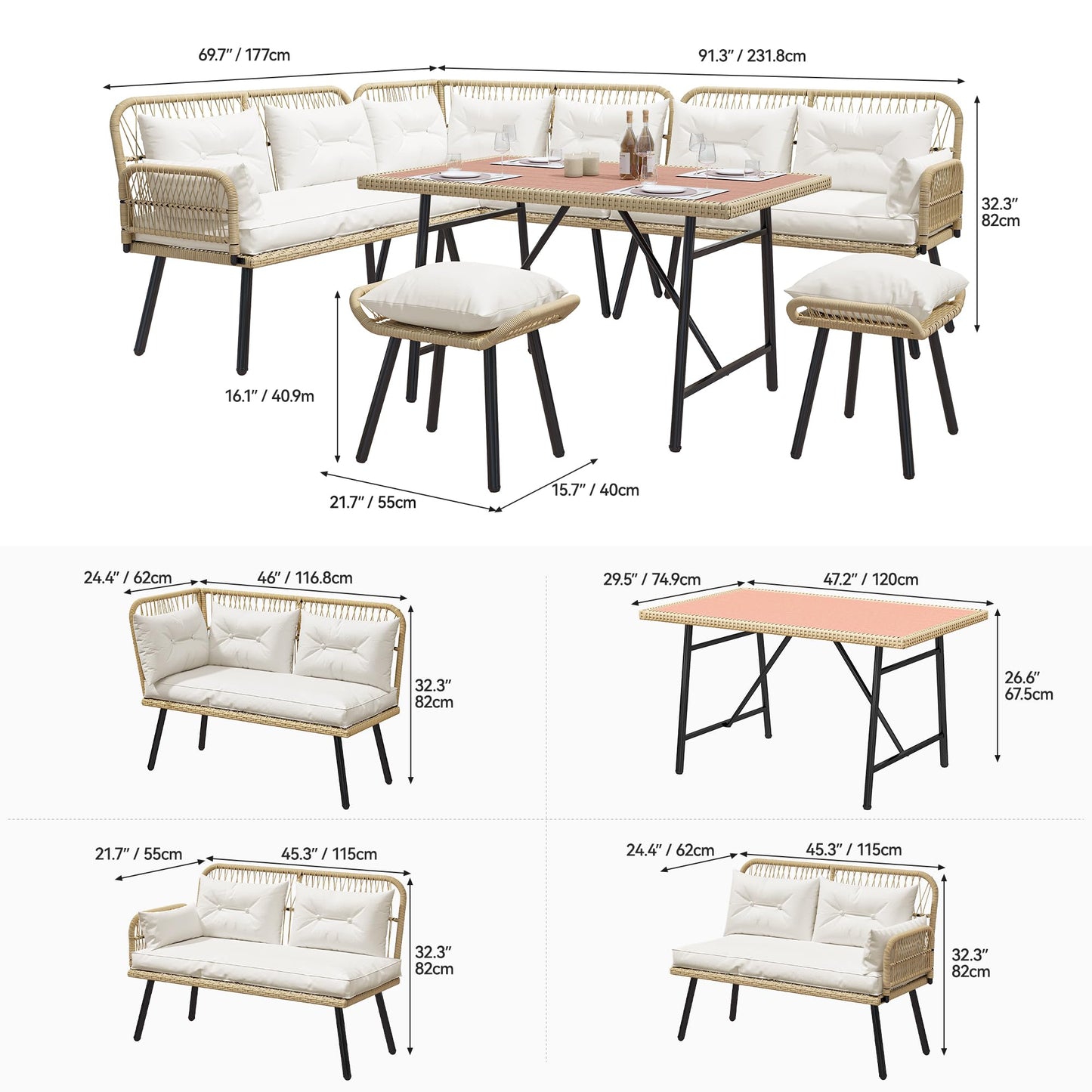 YITAHOME Patio Wicker L-Shaped Furniture Set, All-Weather Rattan Outdoor Conversation Sofa Set for Backyard Deck with Soft Cushions,Ottomans and Plastic Wood Dining Table (Light Brown+Beige)