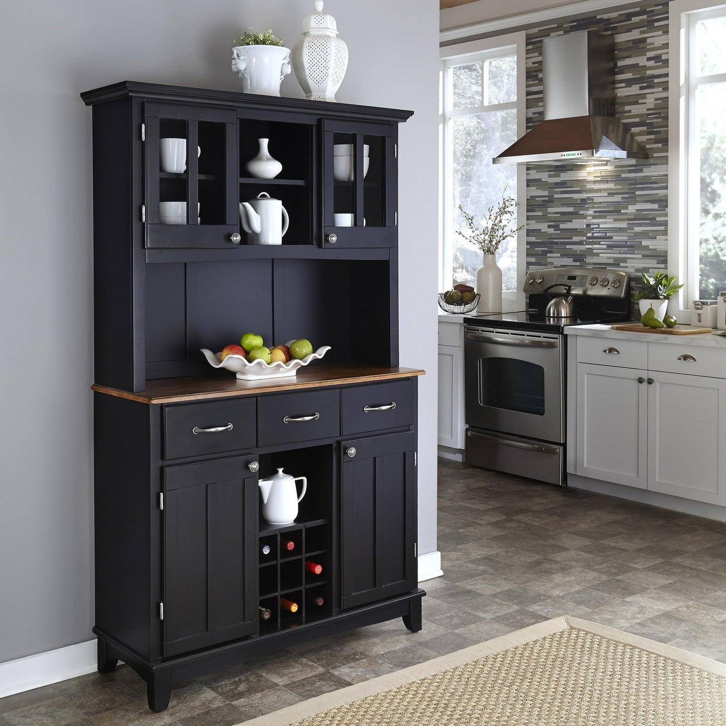 Homestyles Buffet of Buffets Black Storage Hutch with Wood Top
