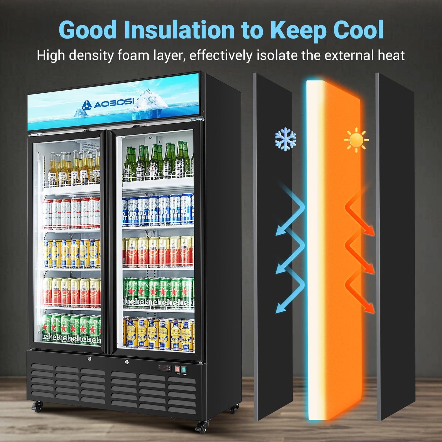 AAOBOSI 44”Commercial Merchandiser Refrigerator,27.02 Cu.Ft Glass Door Display Refrigerator,Upright Beverage Fridge with Soft LED Light,Customizable Lightbox,Universal Casters,Adjustable Shelves