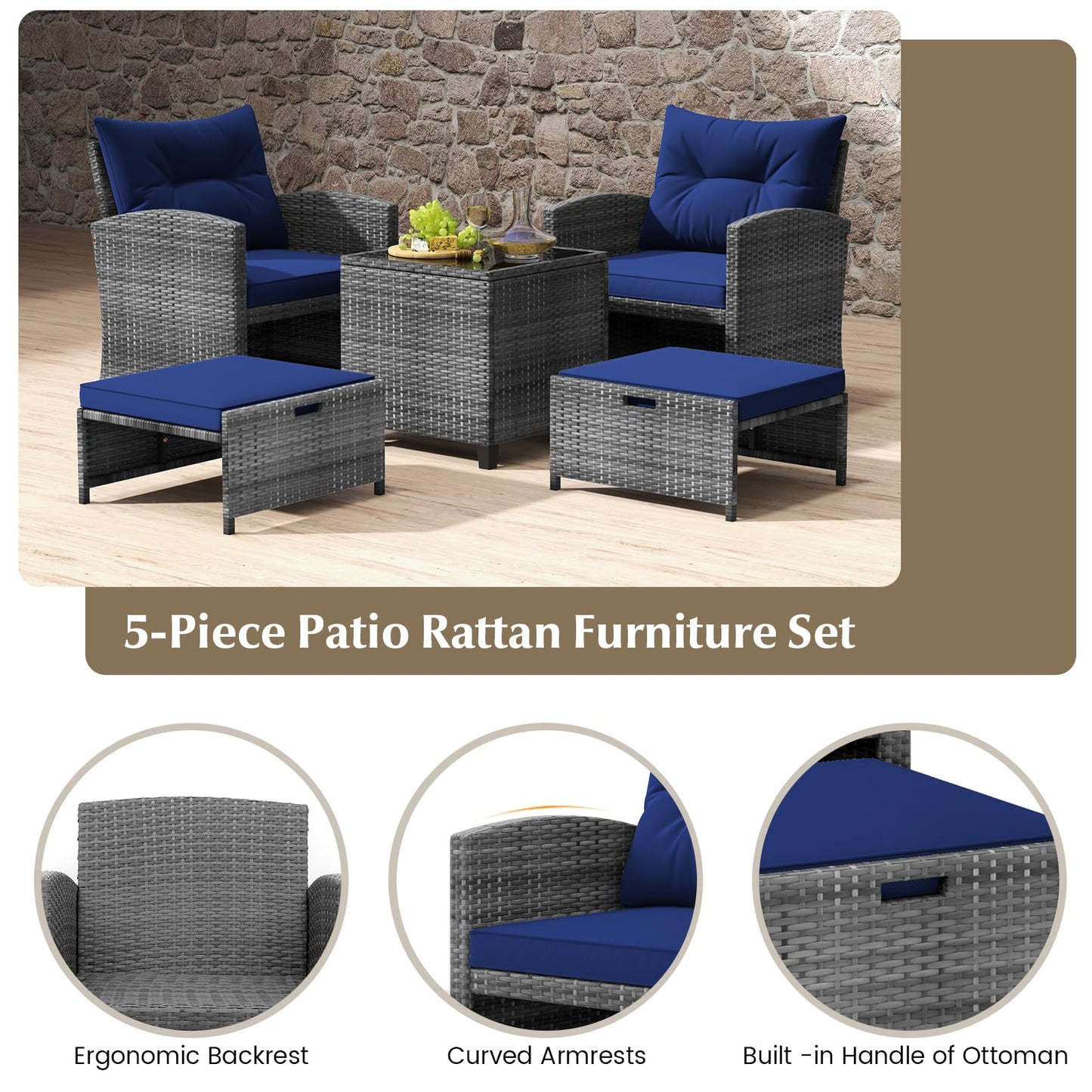 COSTWAY 5-Piece Rattan Conversation Set, Outdoor Wicker Sofa, Tempered Glass Coffee Table & Ottomans for Small Space, Boho Chic Indoor/Outdoor Furniture Set for Poolside, Backyard, Deck (Navy)
