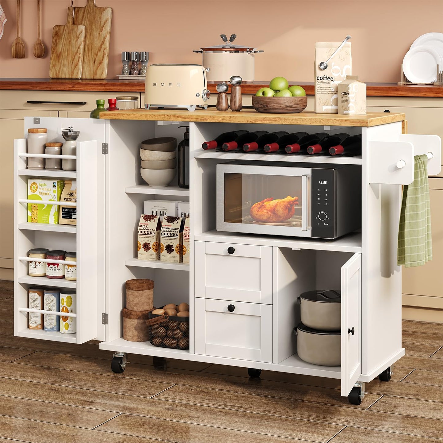 knoworld Rolling Kitchen Island with Storage Cabinet, 41.3'' Width Kitchen Cart with Desktop Drop Leaf Countertop, Portable Mobile Island with Towel Rack, Spice Rack Shelf, White
