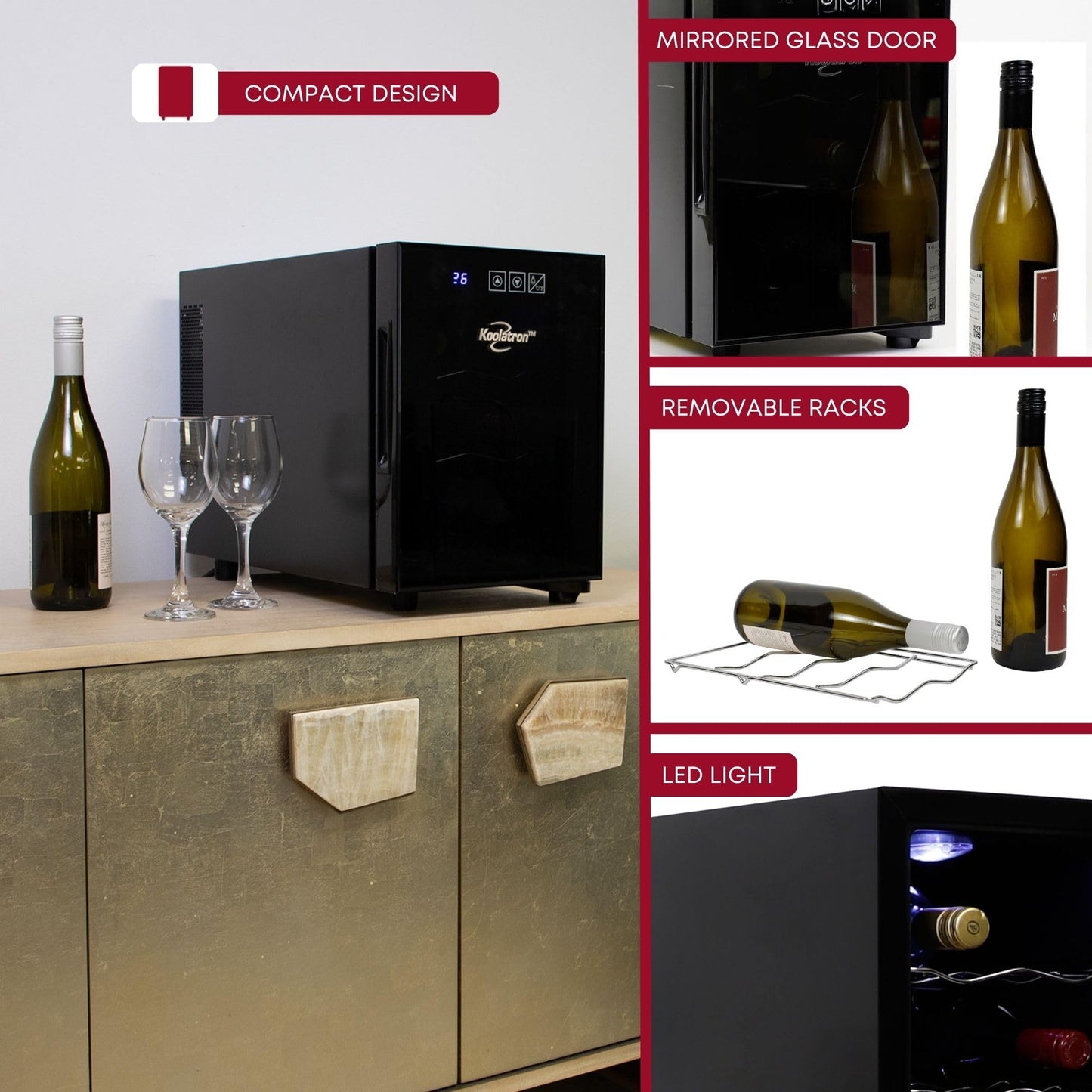 Koolatron 6 Bottle Wine Fridge – Freestanding Wine Cooler with Glass Door, 0.6 cu ft (16 L) Beverage Can Refrigerator, Digital Temperature Control, Ideal for Red, White & Sparkling Wine, Champagne