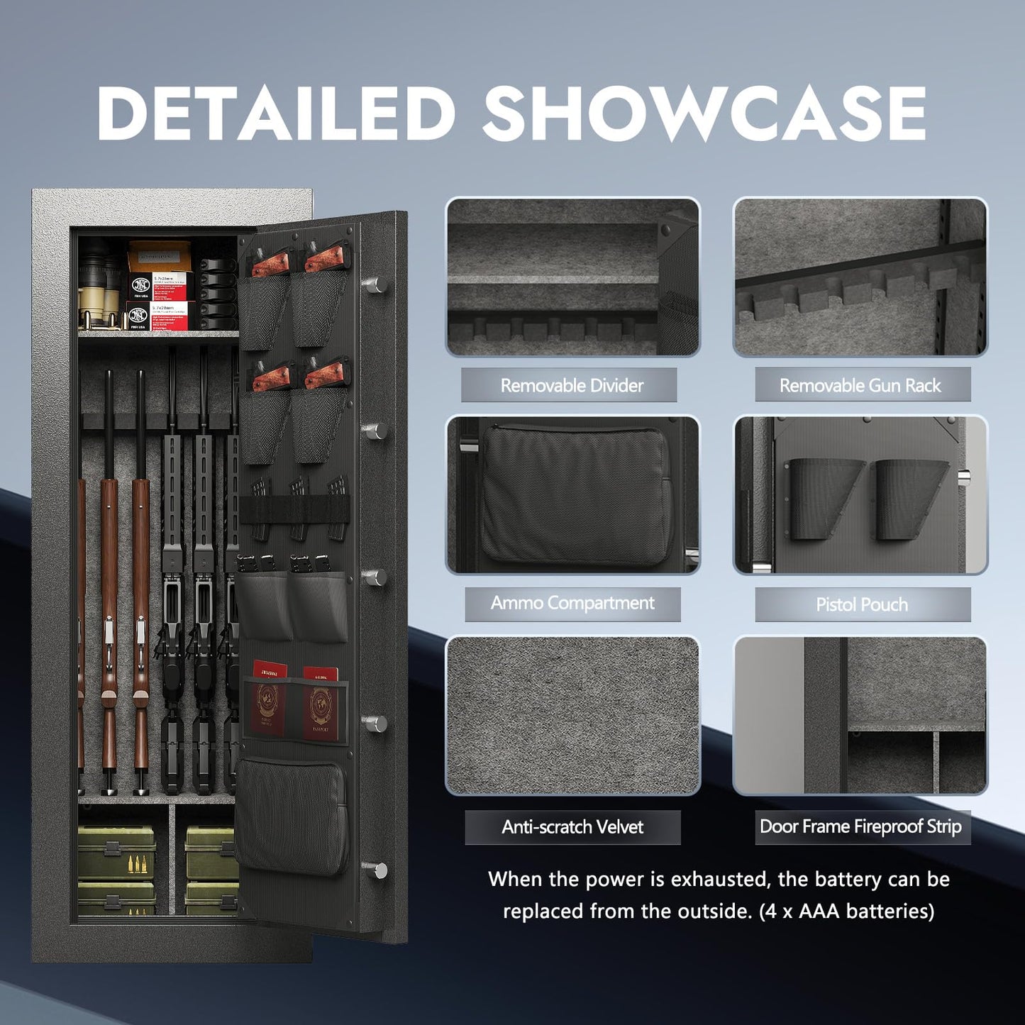 KAER Fireproof 20 Gun Safe 1400°F / 45 Minutes Biometric Gun Safe for Rifles and Pistols Rifle Safe Gun Cabinet Quick Access Gun Safes with Adjustable Shelf and Gun Rack (Gray)
