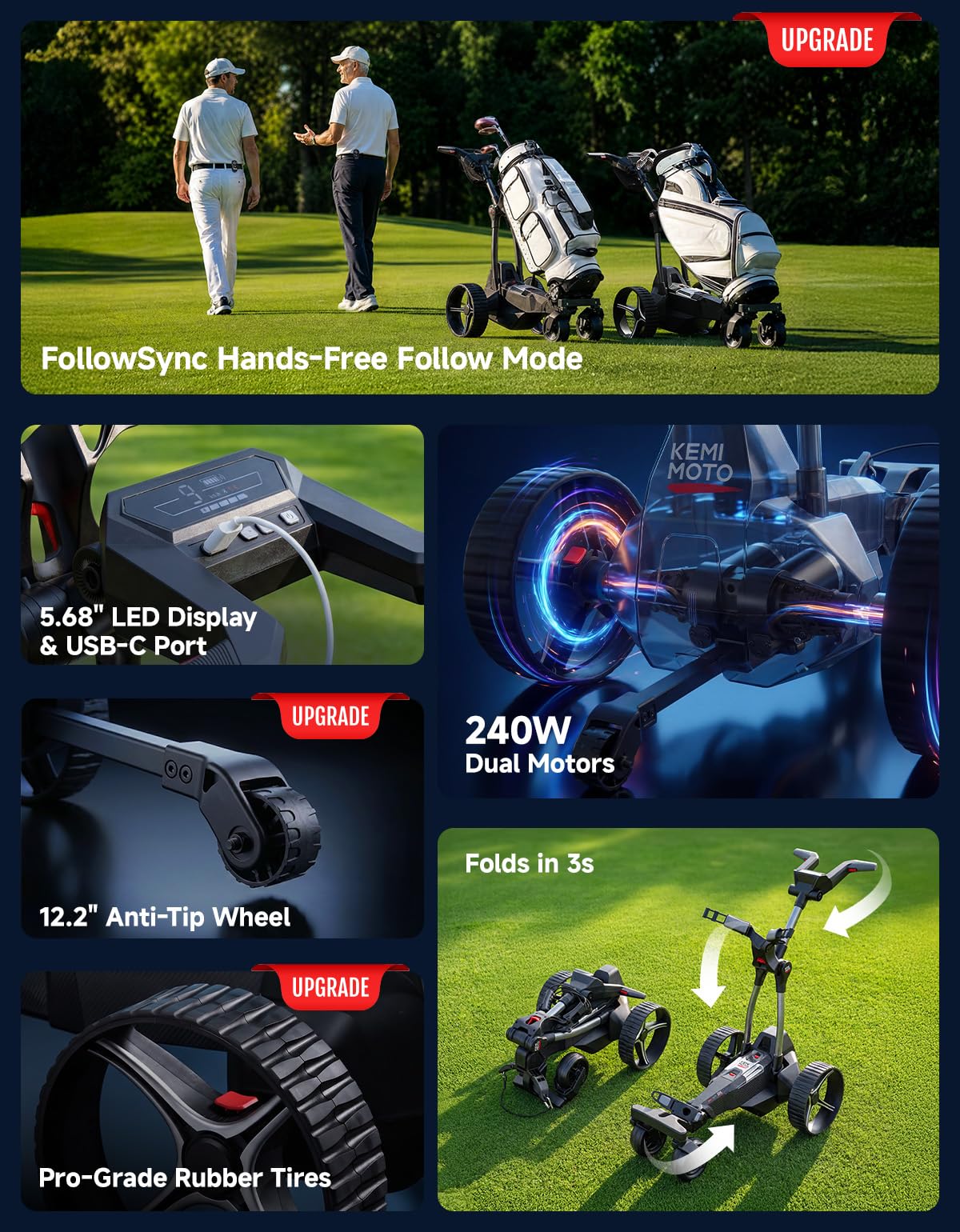 KEMIMOTO ApexAI Electric Golf Caddy that Follows You, 492 FT Remote Control, Power Assist Mode, Dual 240W Motor, 36-Hole Battery, IPX5, Compact Folding w/USB-C, Drink & Umbrella Holder