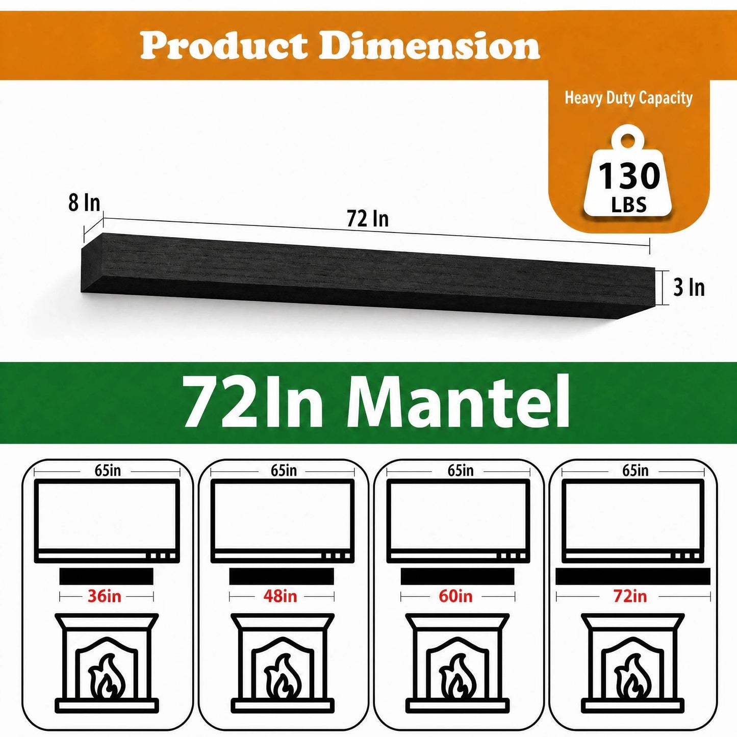 QianYong 72 Inch Solid Wood Fireplace Mantel Shelf, Matte Black