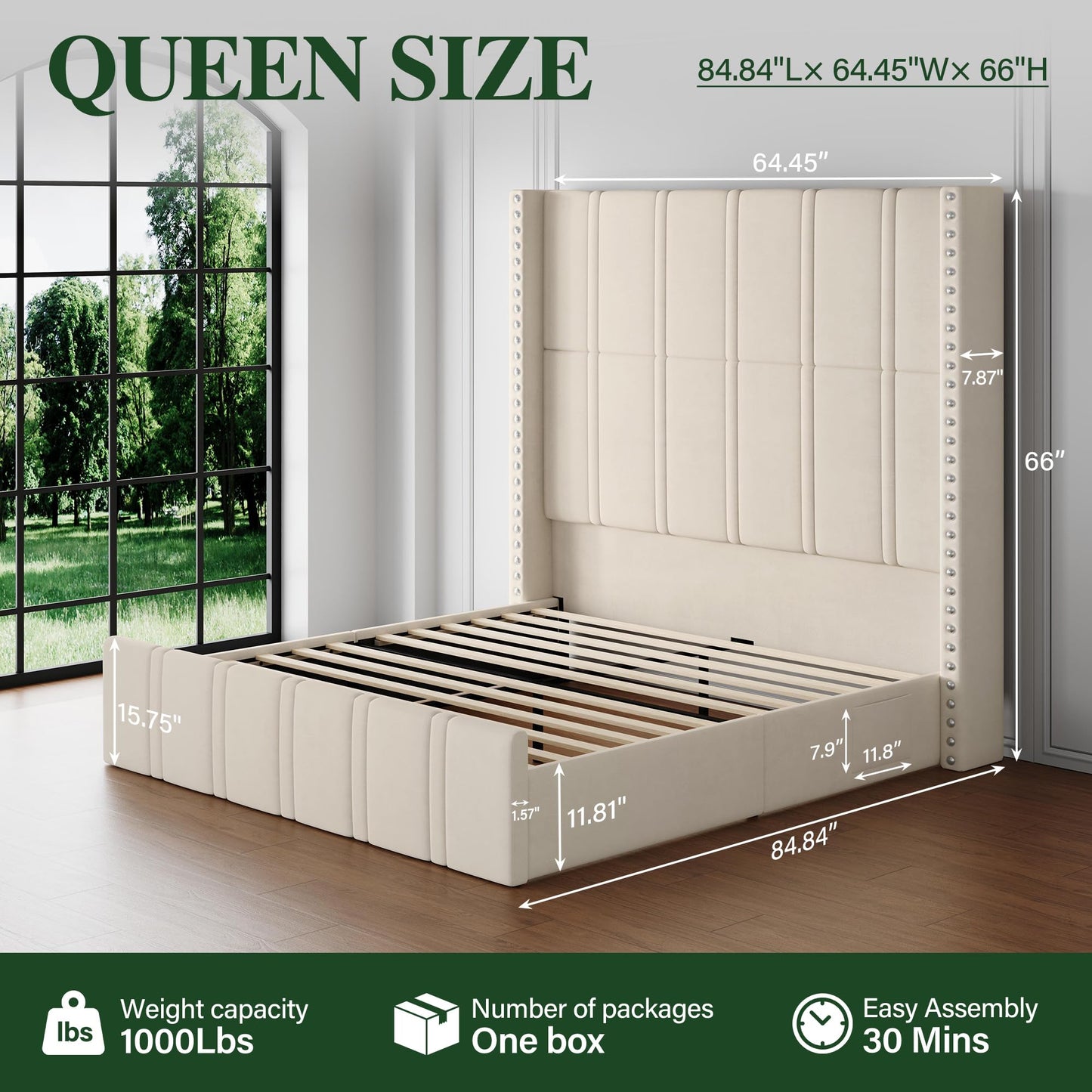 Uteeran Queen Bed Frame with 65.75" Tall Headboard, Luxury Velvet Upholstered Platform Bed with Storage Pockets, Wide Wingback Design, Noise-Free, Easy Assembly, No Box Spring Needed, Beige