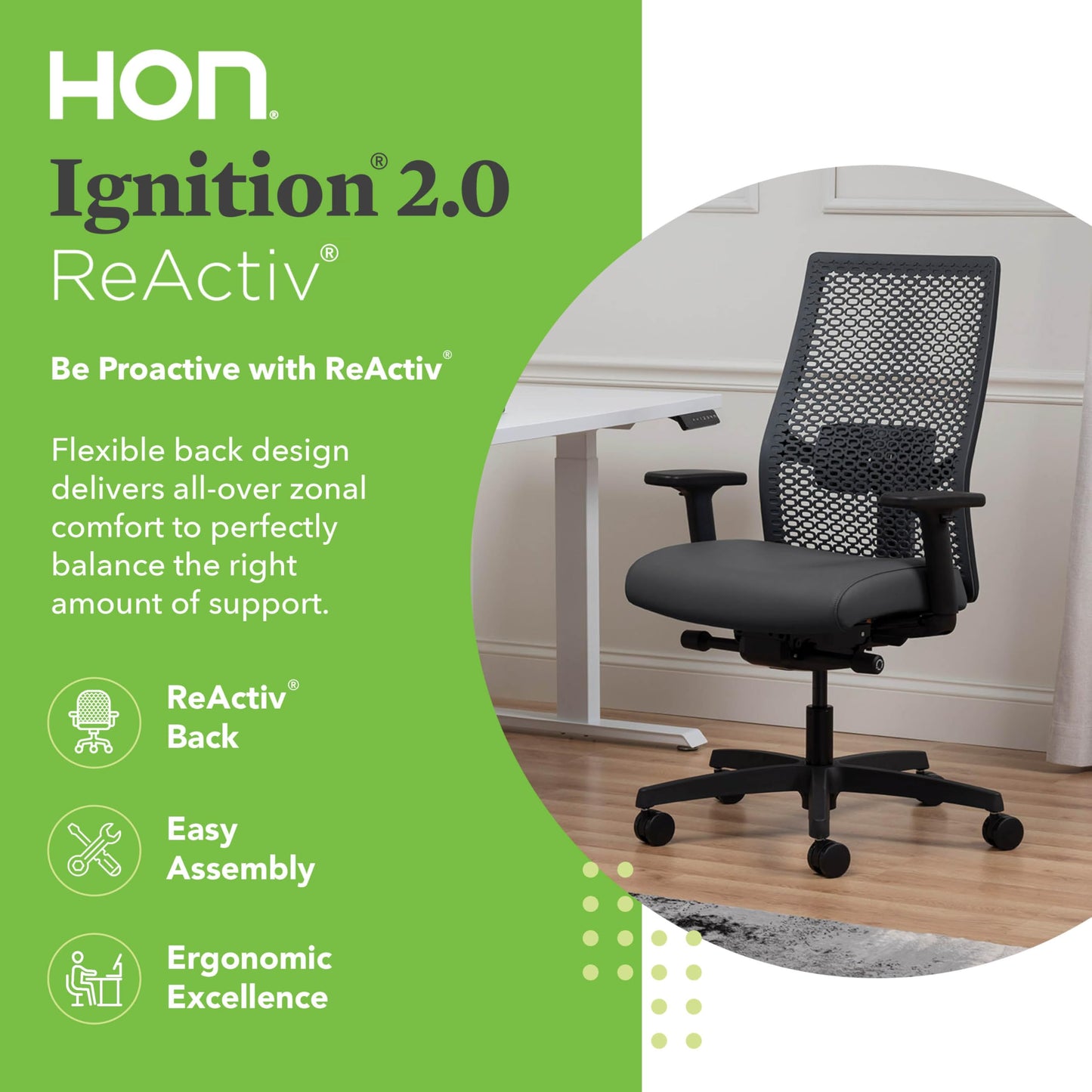 HON Ignition 2.0 ReActiv Ergonomic Office Chair, Mesh Desk Chair with Lumbar Support, Advanced Synchro‑Tilt, Height and Width Adjustable Arms, Swivel Wheels, Black Frame, Graphite