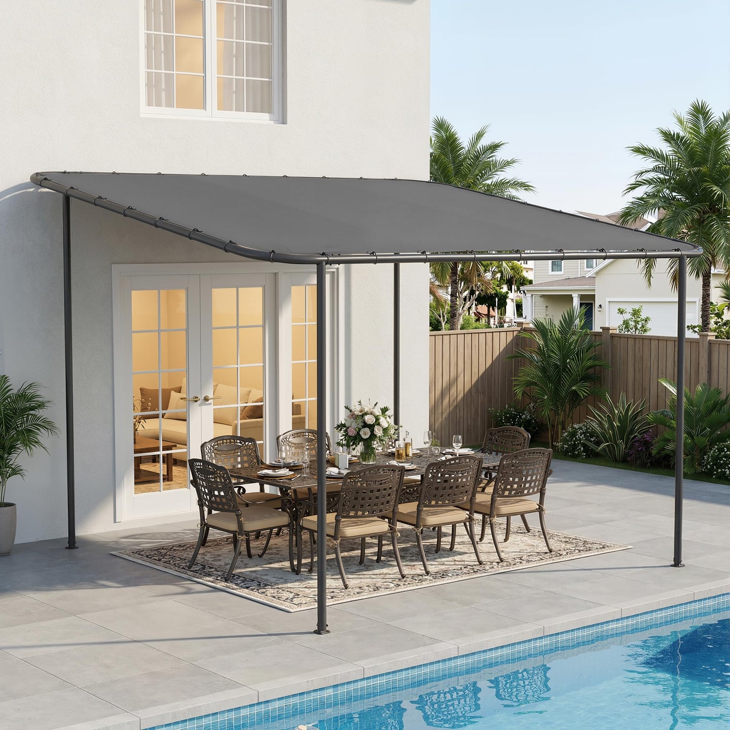 TOBYUL 12'x10' Lean to Gazebo Pergola with 3 Types Ground Nails and Weatherproof Canopy, Large Wall-Mounted Galvanized Steel Frame Shelter, Outdoor Sloped Roof Awning for Patio, Deck, Backyard (Gray)