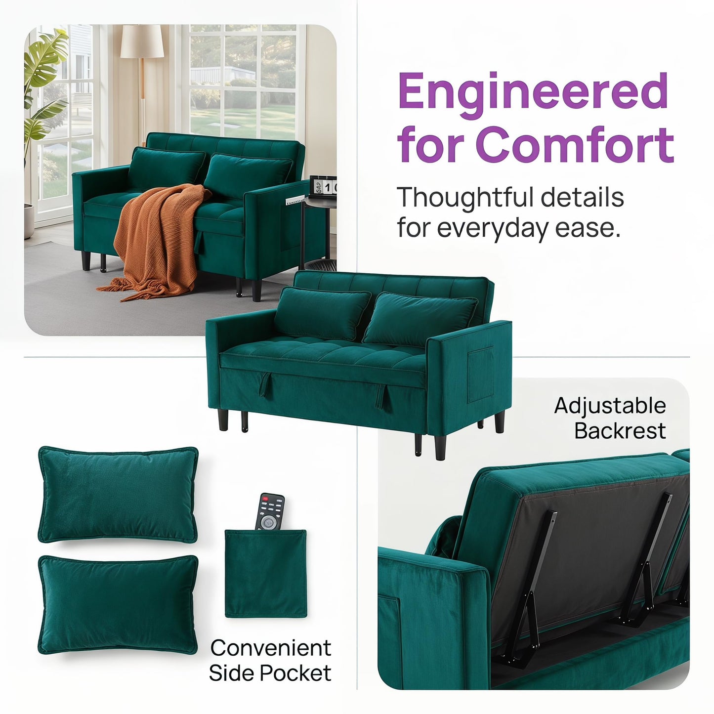 NicBex Convertible Sofa Bed, 3 in 1 Velvet Fabric Loveseat Sleeper Sofa Bed, Pull Out Couch with Adjustable Backrest & Side Pockets for Small Spaces, Living Room & Bedroom, Dark Green