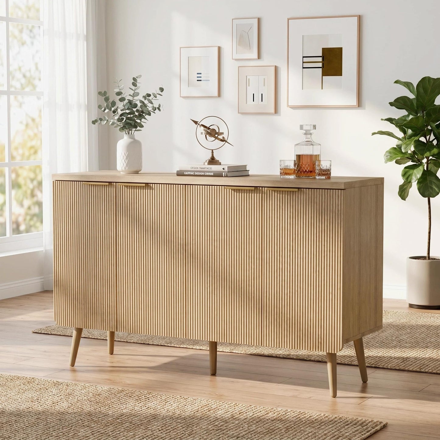 Trygoal Fluted Sideboard Buffet Cabinet with Storage, 4 Door Modern Credenza with Shelves, Wood Entryway Cabinet for Dining Room, Bedroom &Living Room (Natural Wood)
