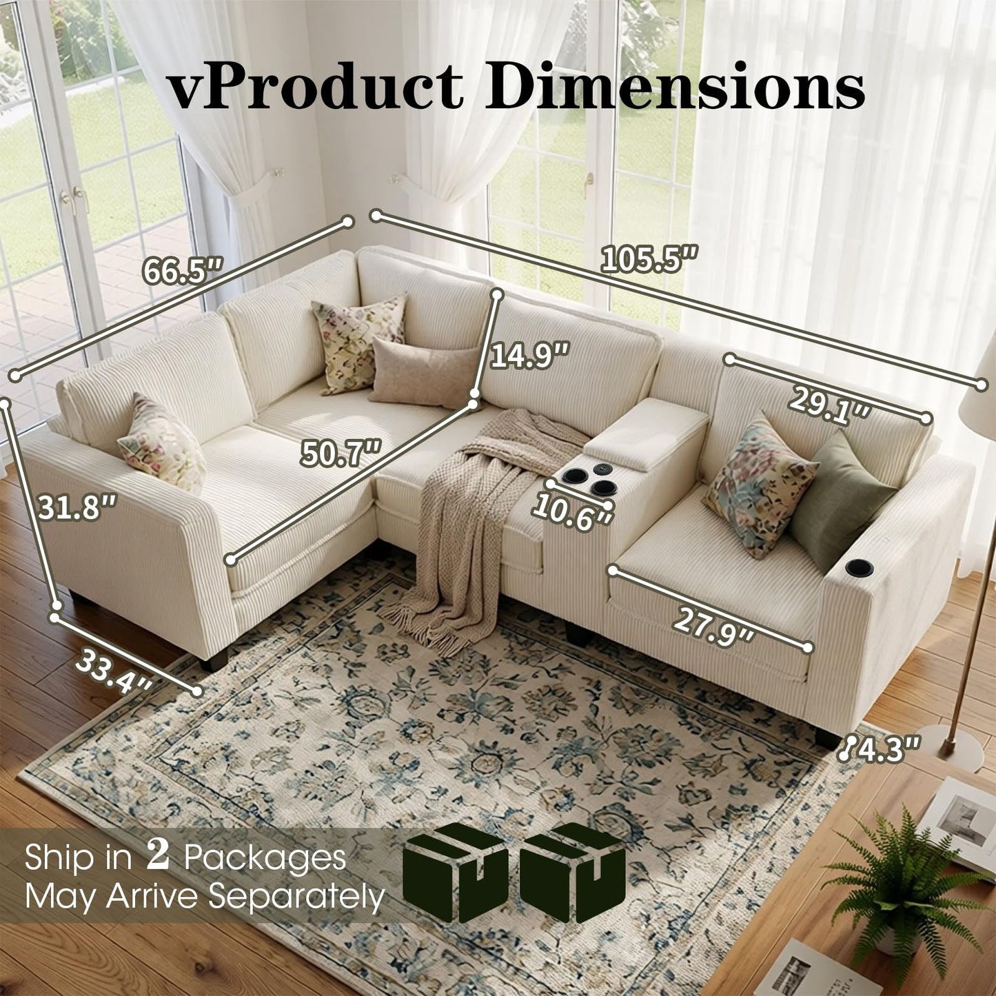 105.5" L-Shaped Corner Sectional Sofa with Multi-Functional Storage Console for Home Apartment, Comfy Corduroy Upholstered Cloud Couches W/USB-C Charger & Cupholders