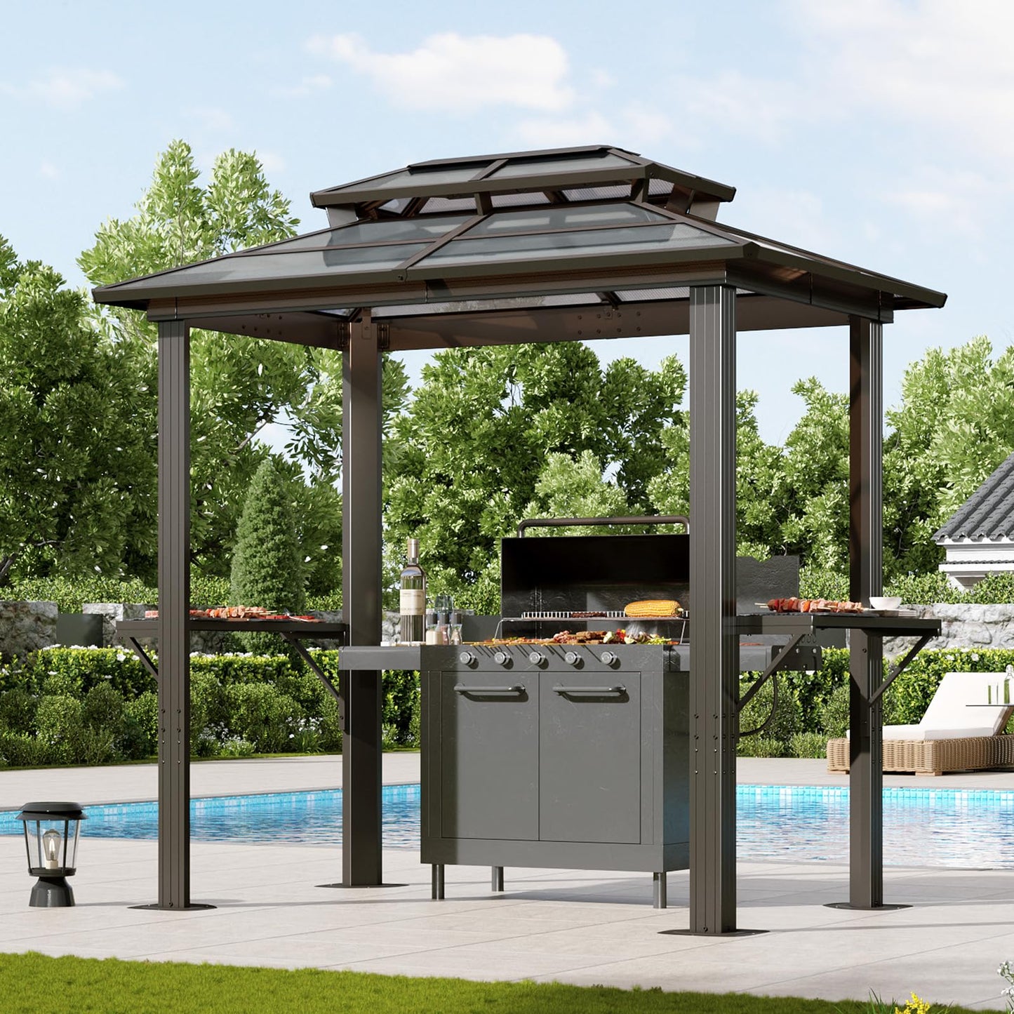 Aoxun 8'x5' Hardtop Grill Gazebo, Outdoor Barbecue Gazebo with Double Polycarbonate Top & 2 Side Shelves & Hooks, Aluminum Grill Canopy for Patio, Lawn, Garden (Brown)