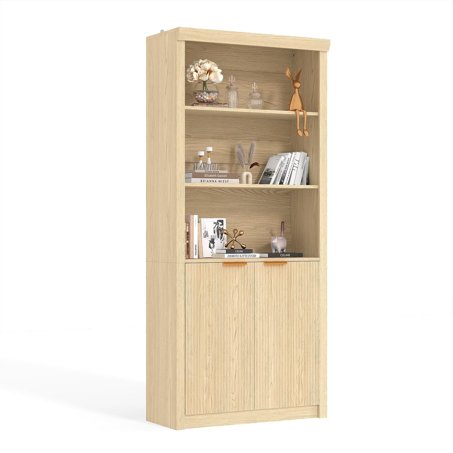 Garvee 71" Tall Bookshelf with Fluted Doors, 5 Tier Bookcase Display Shelves with Storage Cabinet & Adjustable Shelf, Mid-Century Modern Bookshelves for Home Office, Living Room, Oak