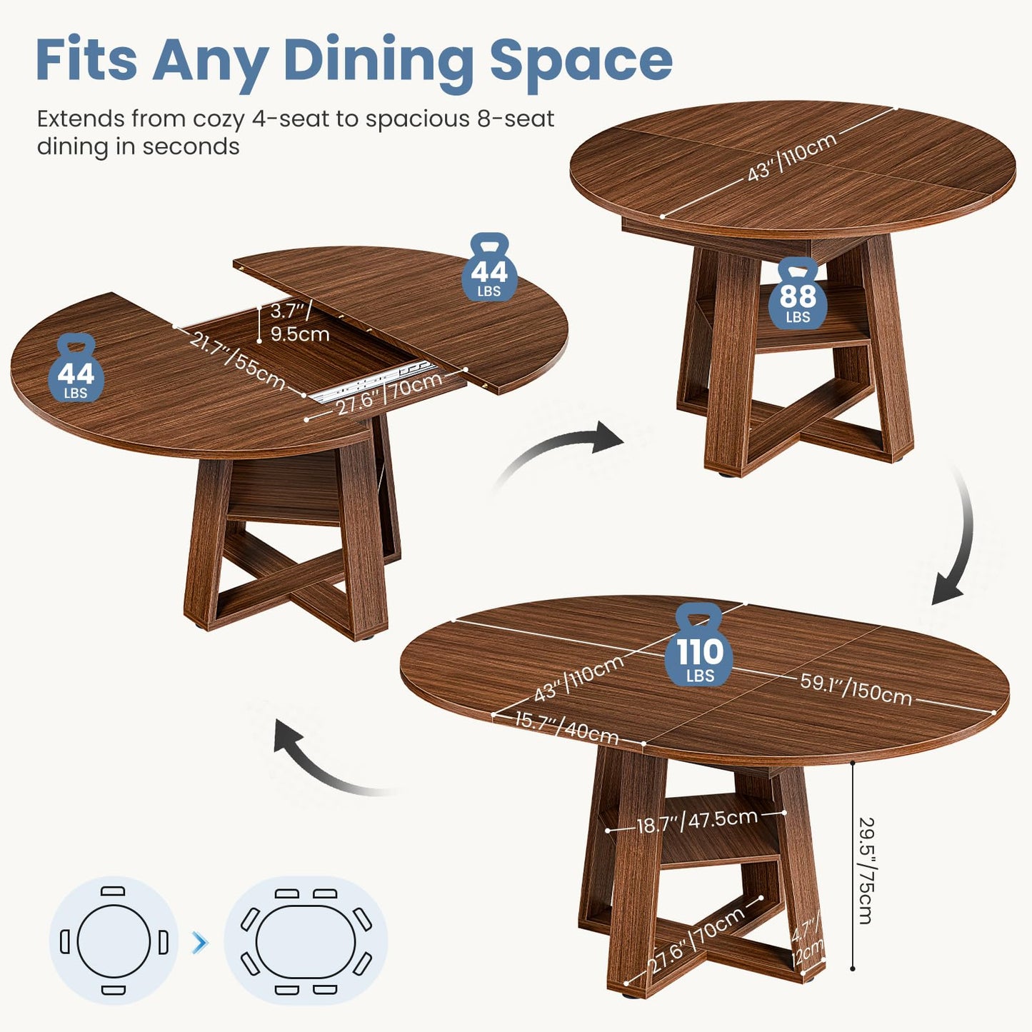 HAPPYMONT Extendable Round Dining Table for 4-8, Space Saving Kitchen Wooden Table with Storage Shelf and Sturdy Base for Kitchen, Dining, Living Room, Brown