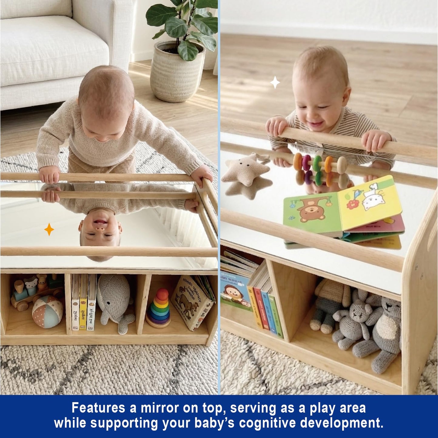 kidi house Montessori Shelf with Activity Top and Mirror, Birch Plywood Toy Storage Cabinet, Wooden Toddler Tummy Time Furniture for Home, Daycare Cubbies, Preschool, Playroom, Nursery, Kindergarten