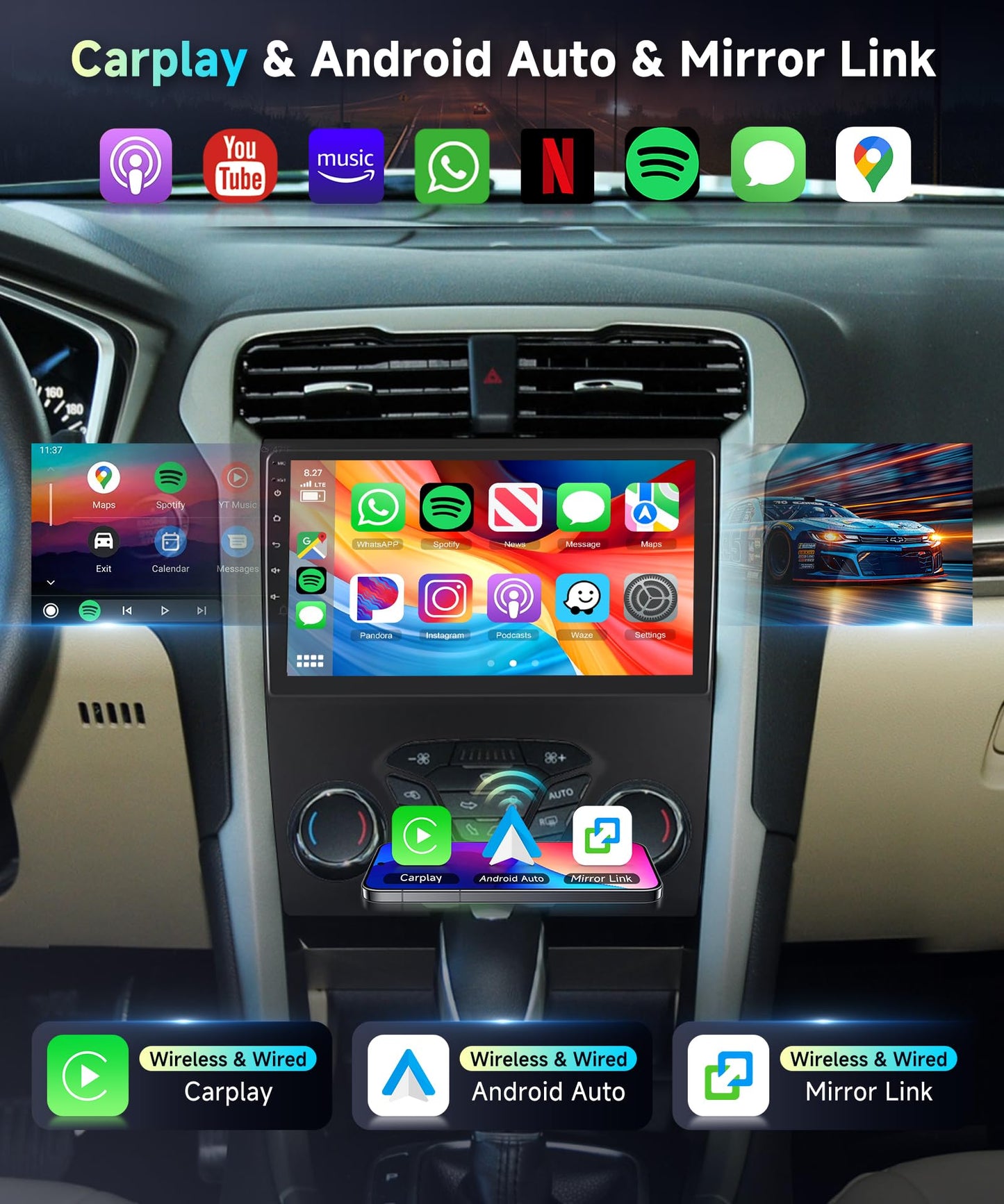 5Ghz WiFi 2G+64G for Ford Fusion Mondeo 2013-2019 Radio,【Android 15 Build-in DSP EQ】 Car Stereo with 5.0Bluetooth,Wireless Carplay Android Auto,9inch IPS Touch Screen,IP69k Backup Camera,GPS,FM/RDS
