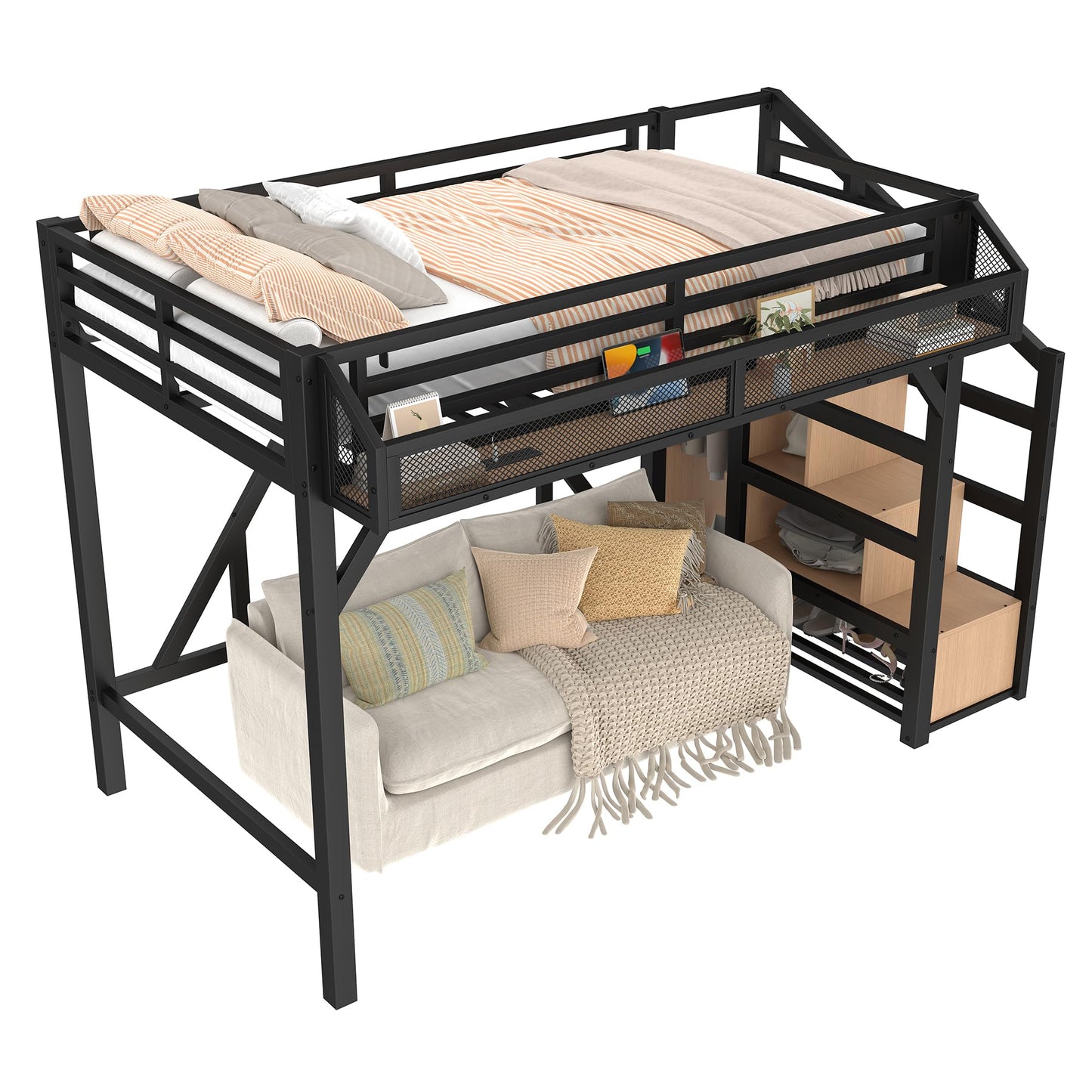 Bellemave Twin XL Size Loft Bed with Stairs and Wardrobe,Heavy Duty Metal Loft Bed Frame with Shelves,LED Lights and Charging Station for for Kids,Teens,Adults,Natural Wood