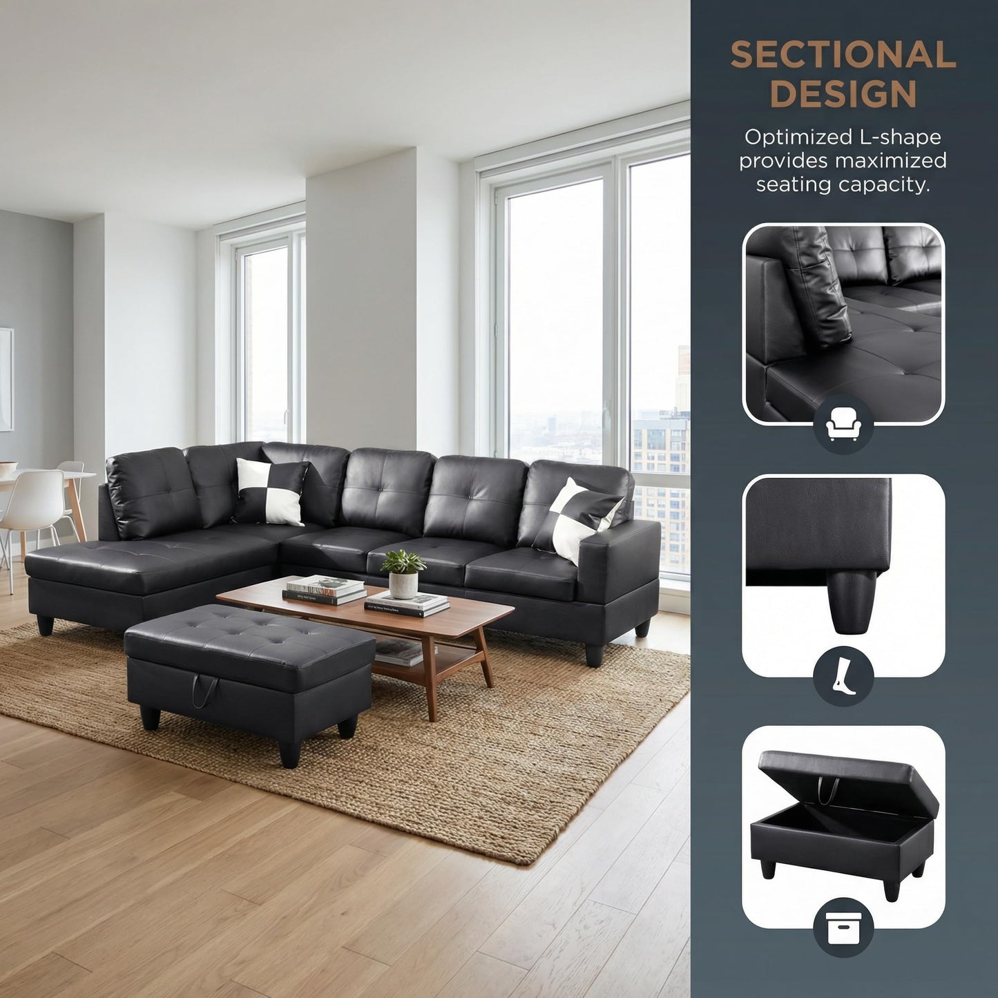 Trygoal 103.5" Sectional Couches for Living Room, Leather 4 Seat L Shaped Couch with Chaise, 3-Piece Modular Sofa with Storage Ottoman, Home Furniture Sets for Apartment Office, White and Black