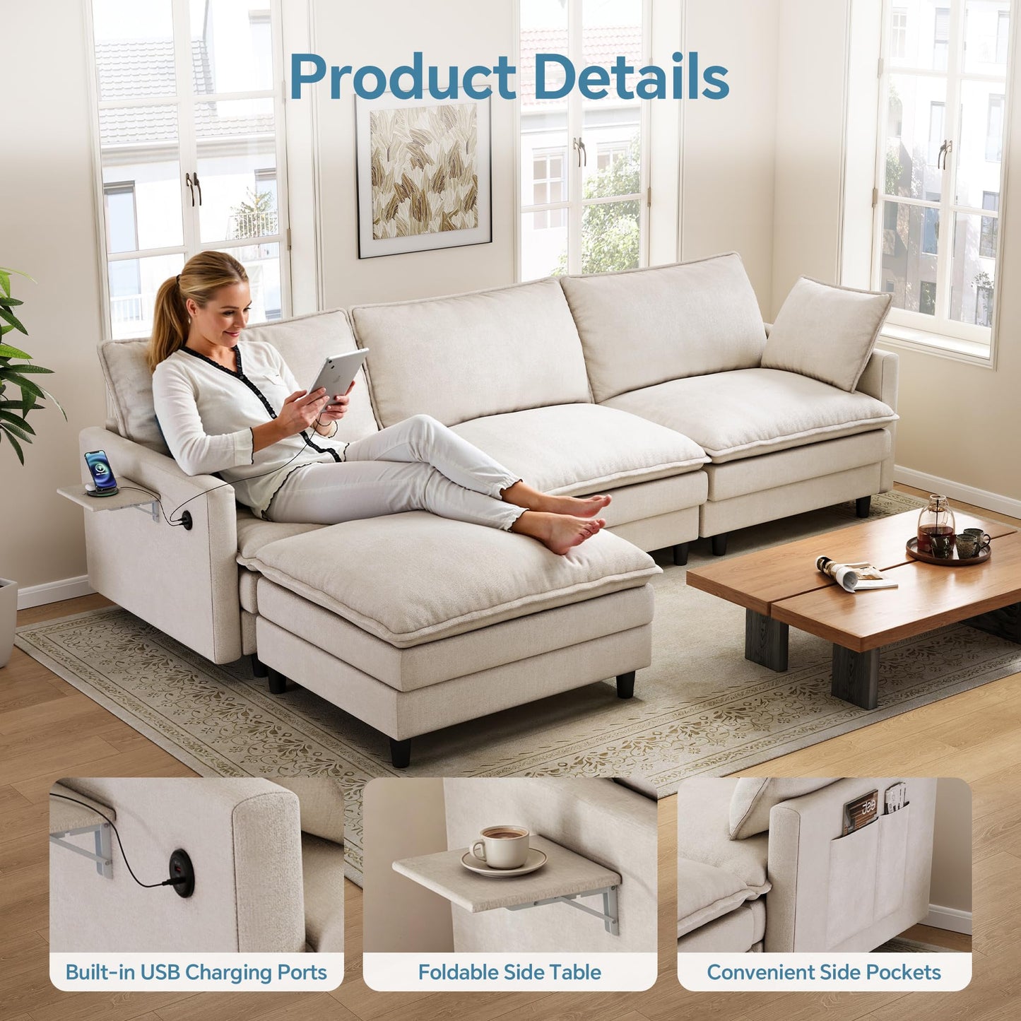 FAVSH 102'' L-Shaped Modular Sectional Sofa, 3-Seater Cloud Couch with Movable Ottoman, Deep Seat Chenille Upholstery, USB & Type-C Charging, Foldable Side Table for Living Room Apartment, Beige