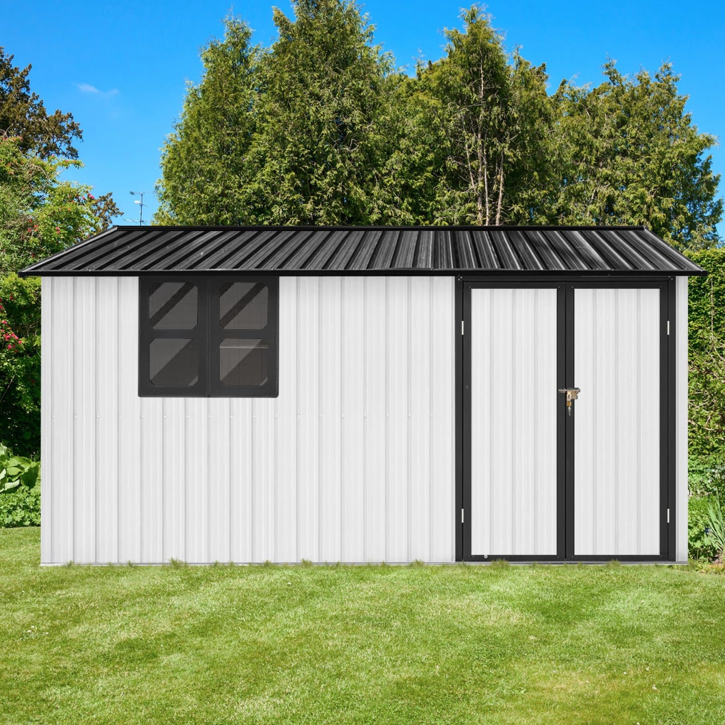 YOPTO 12x10 FT Outdoor Storage Shed,Metal Shed W/Goods Shelves & Window,Garden Tool House W/ 2 Vents & Lamp Hanging Hole & Apex Roof and Lockable Doors,for Backyard Patio Lawn,White+Black