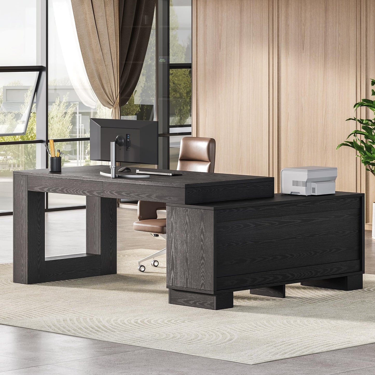 LITTLE TREE L Shaped Executive Desk, Large 63" Executive Desk with File Cabinet, Modern L Shaped Desk, Corner Computer Desk for Home Office & Business Furniture Workstation, Black