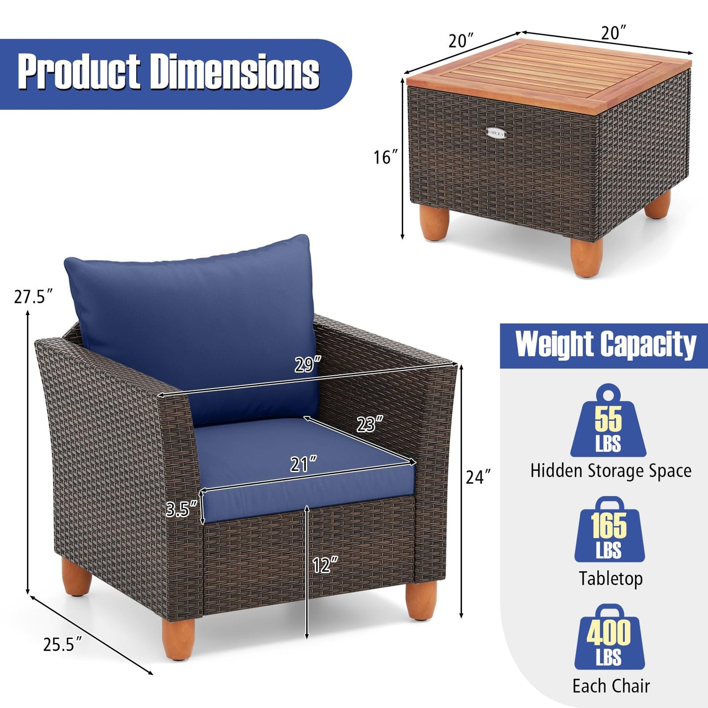 Tangkula 3-Piece Patio Furniture Set, Patiojoy Outdoor PE Wicker Bistro Set with Soft Cushions and Solid Acacia Wood, Outdoor Conversation Set with Porch, Balcony and Garden (Navy)