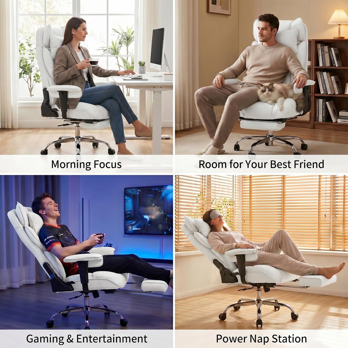 mokodo Big and Tall Office Chair 400lbs, Breathable Fabric Executive Desk Chair with Pocket Spring Cushion, 155° Reclining Computer Chair with Integrated Headrest & Lumbar Pillow (White)