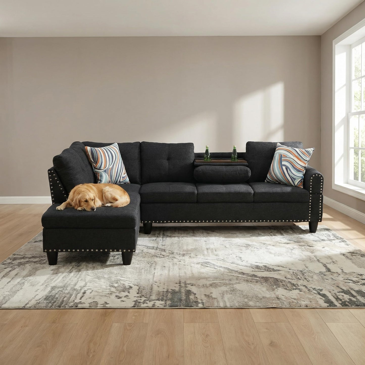 Trygoal L-Shaped Sectional Couch with Cup Holders, Living Room Sofa with Lounge Chaise, Modern 4 Seater Sofa Couch for Living Room, Small Apartment & Office, Black Gray