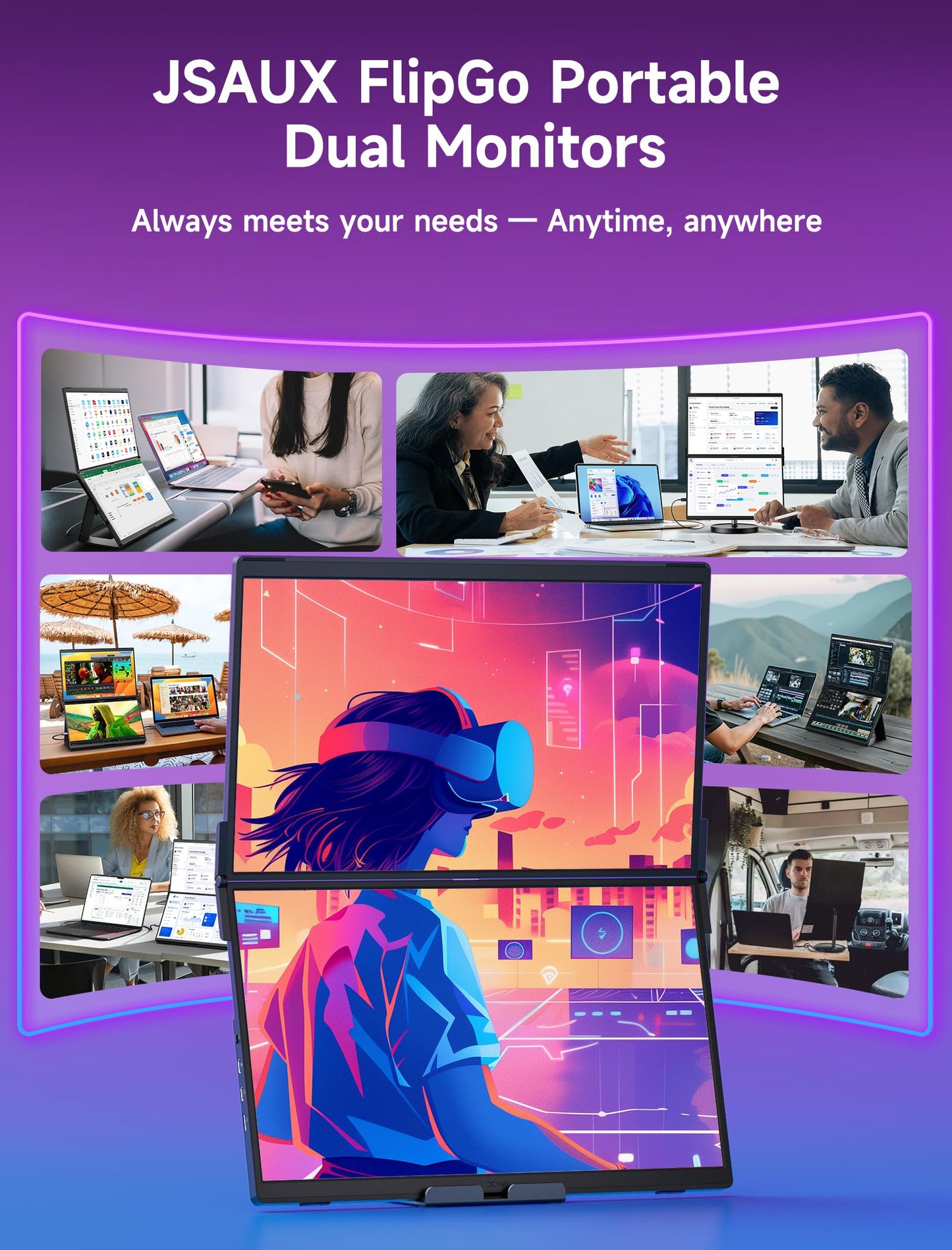 JSAUX FlipGo Pro 15.6" Dual Portable Monitors, 1080P FHD IPS Dual Screen Monitor, Triple Screen Laptop Monitor Extender for Wins/macOS (Driver Required) with Magnetic Design/Plug & Play/Built-in Hub