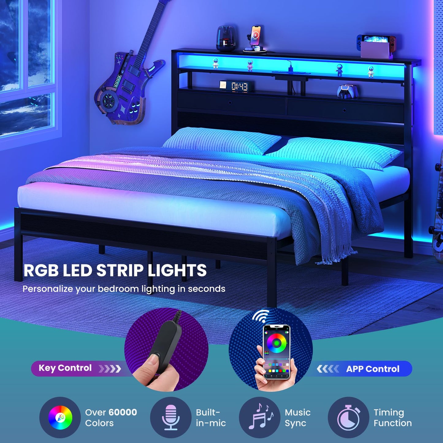 Sweetcrispy Bed Frame King Size with LED Lights and Charging Station, Sturdy Platform Beds Frame with Storage Drawers, 3-Tier Shelves and Under Bed Storage, No Box Spring Needed, Black