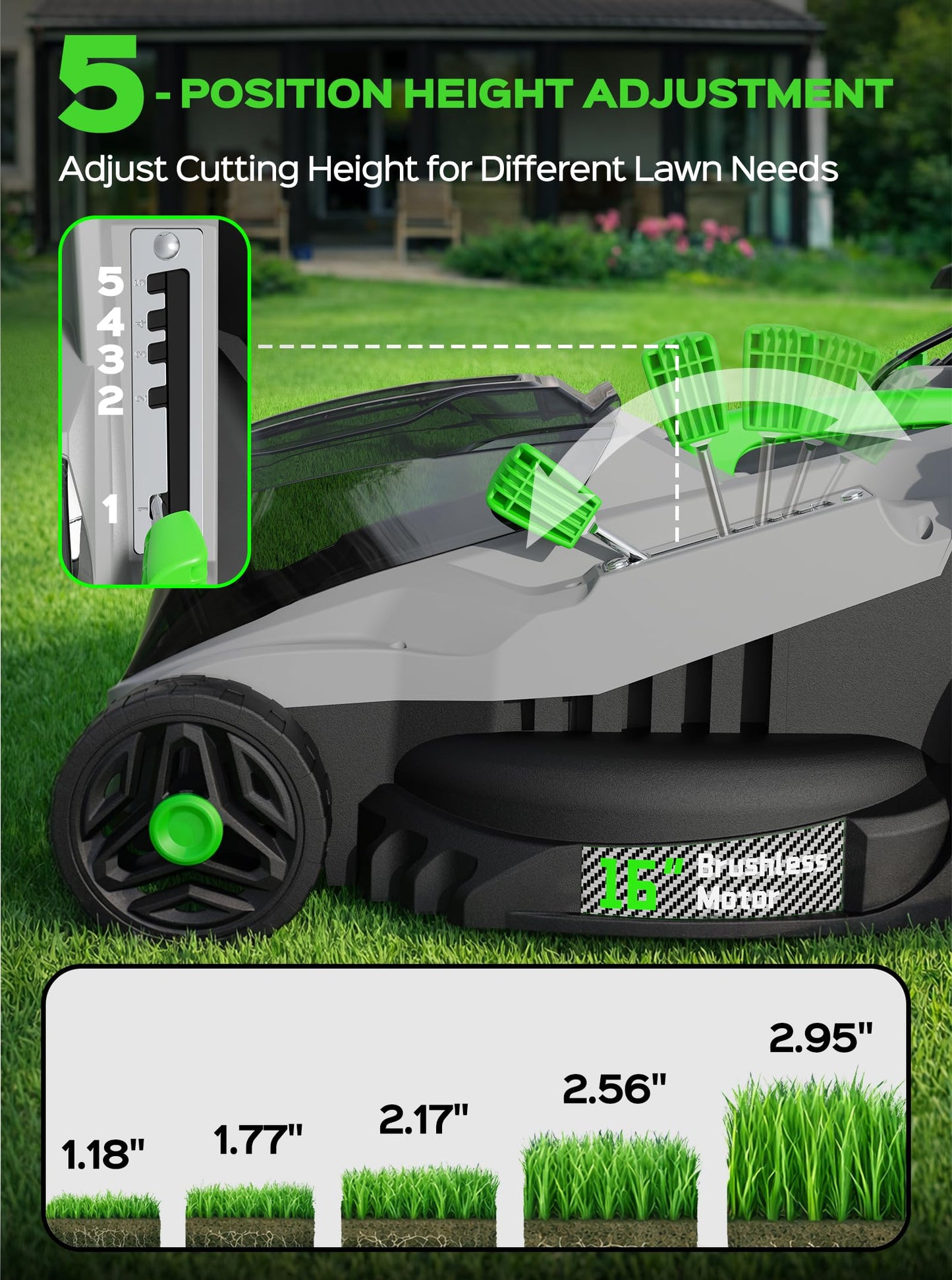 TIECTOWN 40V 16-Inch Brushless Cordless Lawn Mower with 4.0Ah Battery & Charger, 2-in-1 Electric Push Mower, 5-Position Height Adjustment, Lightweight, Compact Storage, for Small Yards - Green