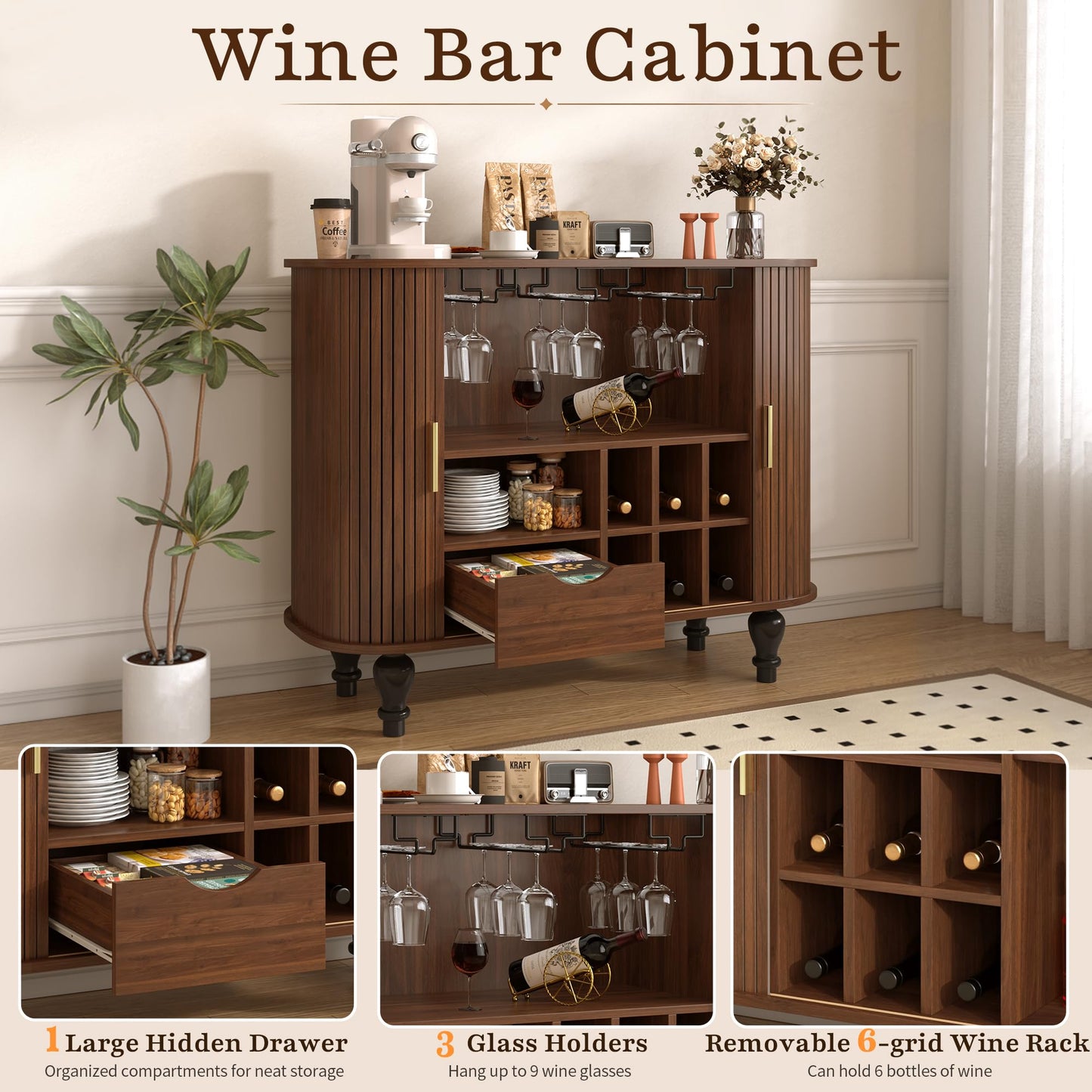 Merax Coffee & Liquor Bar Cabinet 39" with Wine Racks Glass Holders Large Drawer Hidden Side Storage Mid-Century Modern Farmhouse Sideboard, Walnut