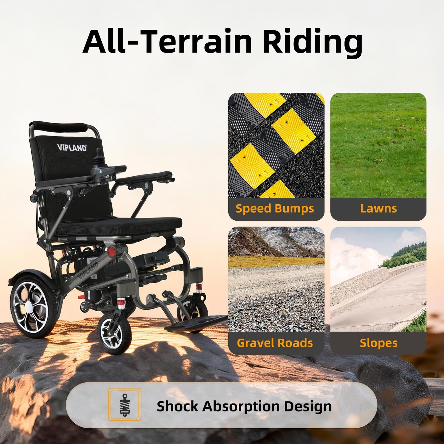VIPLAND Electric Wheelchair for Adults, Lightweight Foldable Power Wheelchair, 15 Miles Long Travel Range, Dual Motors 400W, 300lbs Capacity, Removable Battery, All Terrain, Airline Approved 36lb