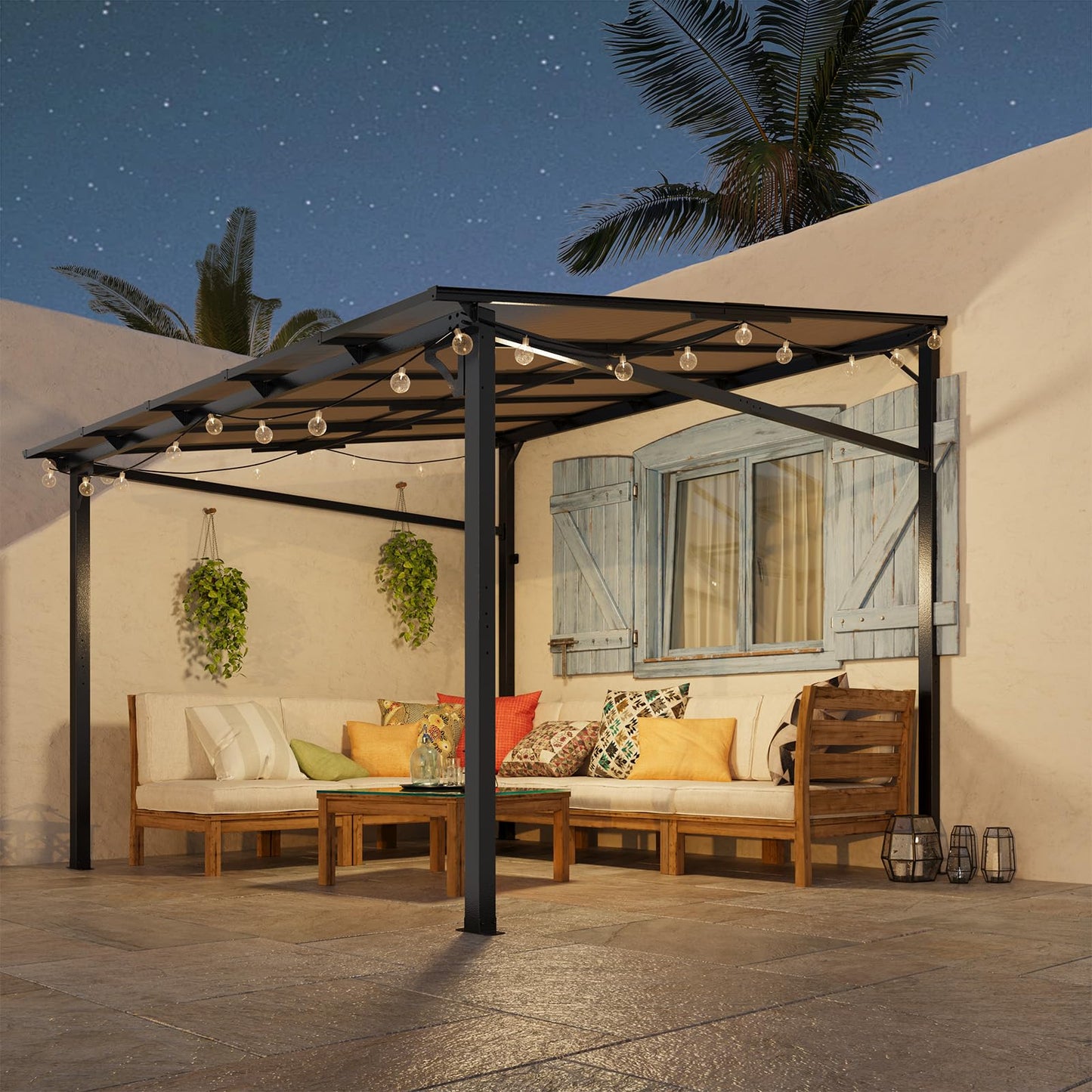 Hetoy 10 x 10 FT Wall Mounted Gazebo Pergola for Patio, Hardtop Gazebo with Sloped Polycarbonate Roof, Lean to Carport with 4-Pillar Aluminum Frame, Outdoor Garden Deck Shade for Decks, Backyard