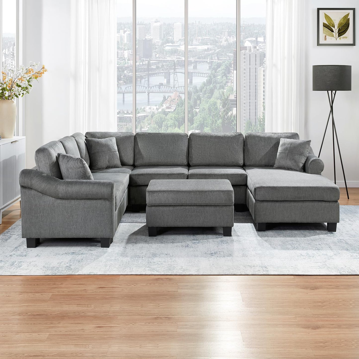 ERYE 112-Inch U-Shaped Sectional Sofa with Movable Storage Ottoman, Oversized Chenille Upholstered Corner Modular Sofa Couch W/Right Facing Chaise Lounge and 3 Toss Pillows