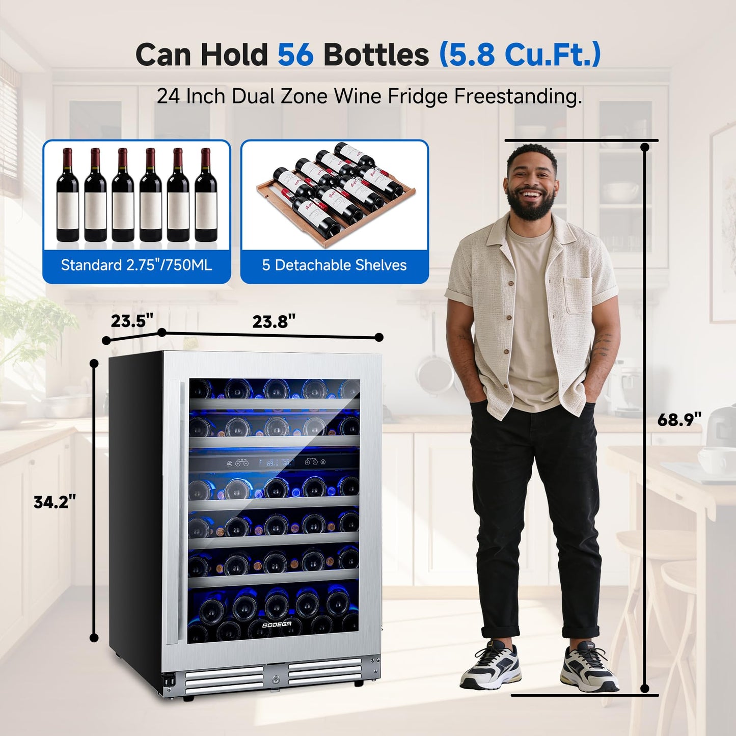 BODEGA COOLER Wine Fridge Cooler - 24 Inch Dual Zone Wine Fridge Holds 56 Bottles, 41-68°F Wine Refrigerator, Built in Fridge, Freestanding Adjustable Shelves Fridge for Beer Soda Drink Bar, 5.8 Cu.Ft