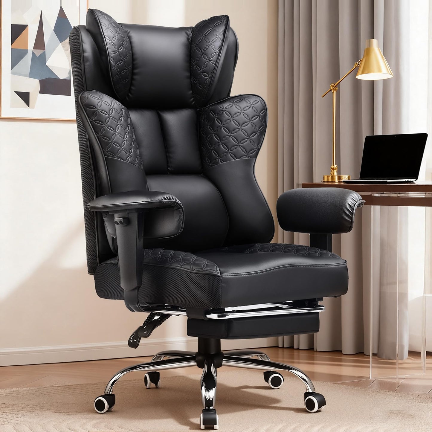 GTPLAYER Big and Tall Office Chair Wide Ergonomic Gaming Chair with Deluxe Embossing Designed Leather with Foot Rest,150°Reclining Adjustable Soft Armrests Pocket Spring Back Support and Pillow