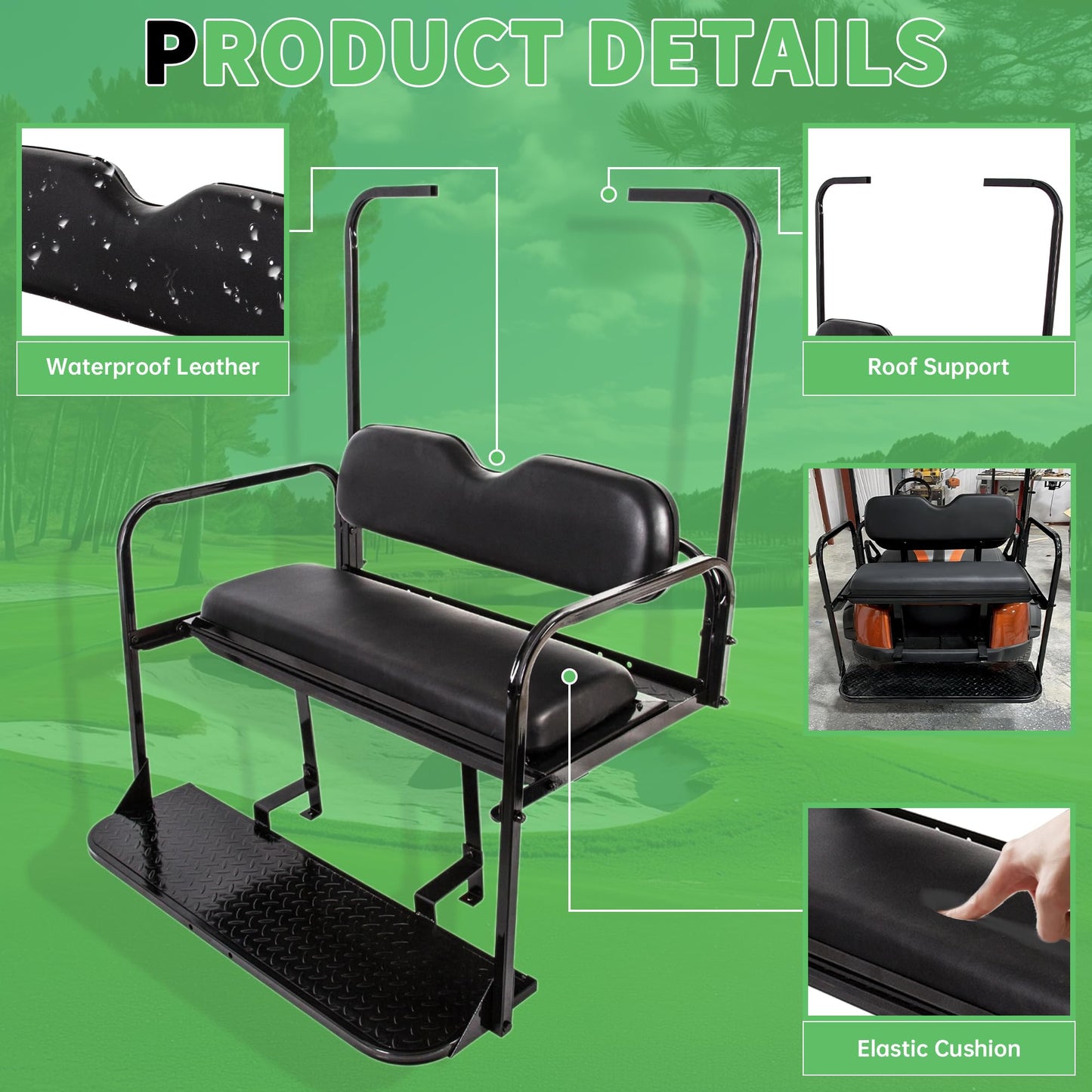 ECOTRIC Flip Folding Rear Back Seat Kit Compatible with 1995-Up EZGO TXT Golf Cart w/ roof support - You Will Receive 2 Packages