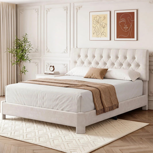 AMICLIBER Queen Bed Frame with Adjustable Headboard, Velvet Upholstered Platform Bed with Button Tufted Design, Solid Wooden Slats, Noise-Free, No Box Spring Needed, Easy Assembly, Beige