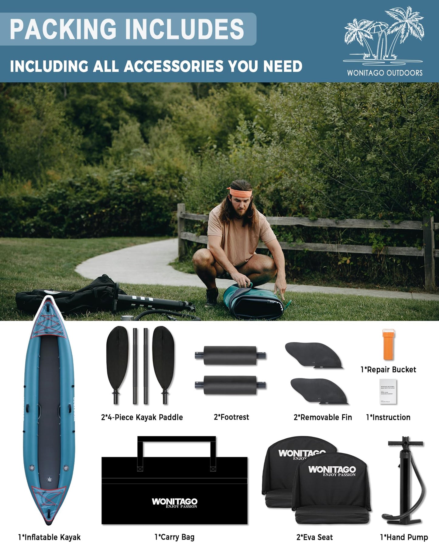 WONITAGO PVC Inflatable Kayak with Drop Stitch Floor, Recreational Touring Kayak with Kayak Paddle, Hand Pump and Carrying Bag, 2 Person, Blue