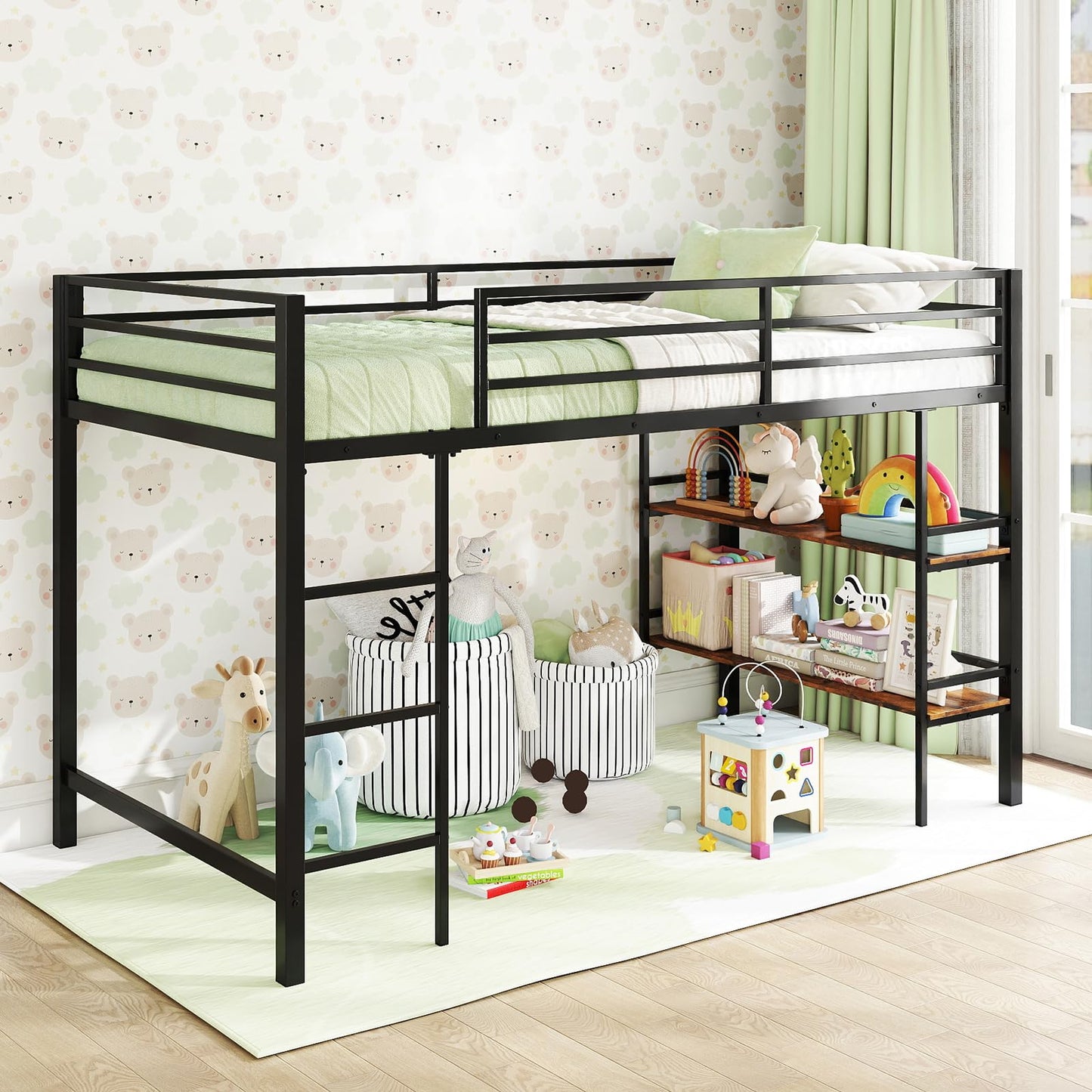 KOMFOTT Twin Size Metal Loft Bed w/Storage Shelves, Heavy Duty Metal Bed Frame w/Safety Guardrails & Ladder, Space-Saving Low Loft Bed for Kids Junior, Under-Bed Space, No Box Spring Needed (Black)