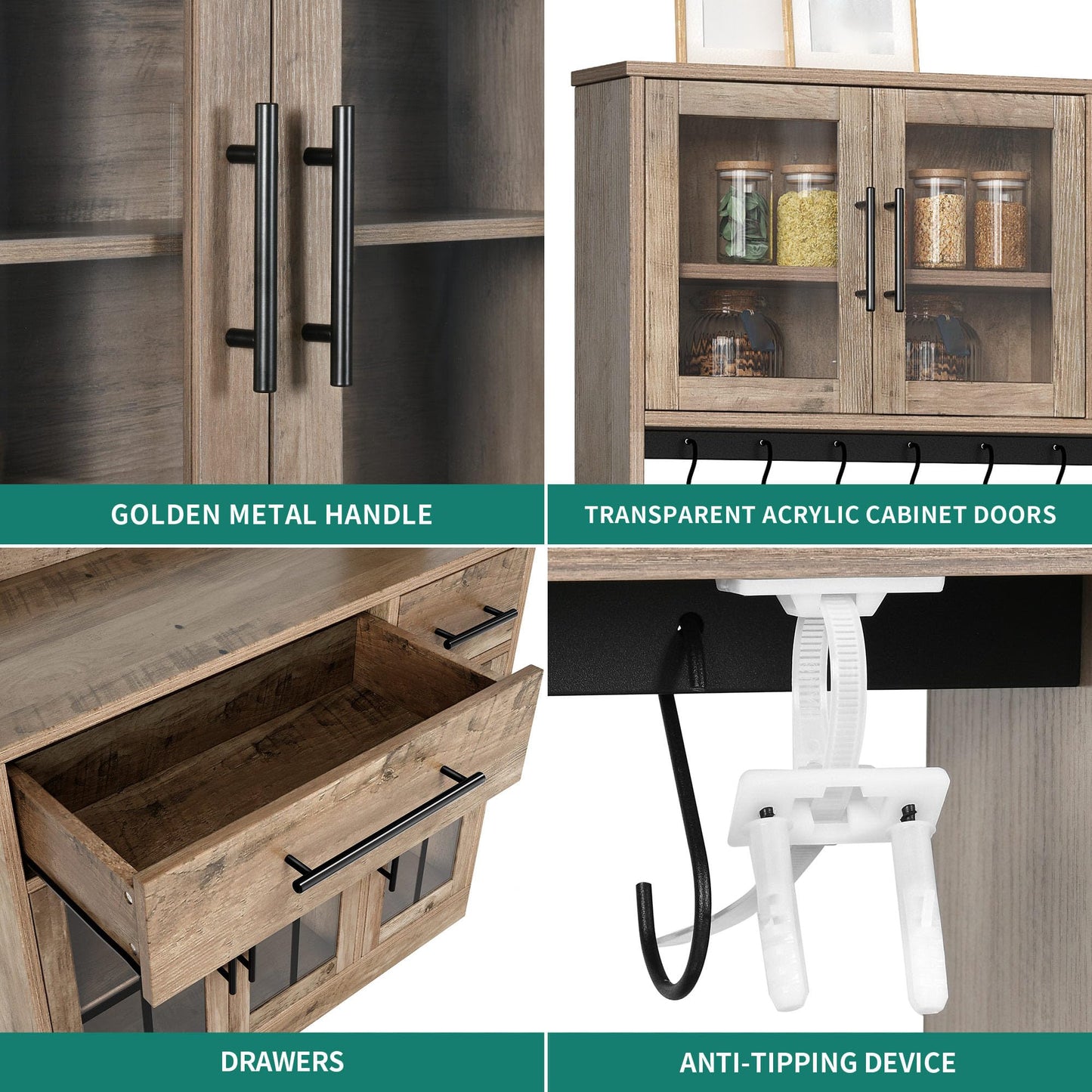 YITAHOME 71" Tall Kitchen Pantry Cabinet with Microwave Stand & Built-in Power Outlet, Buffet Cupboard with Acrylic Doors, Drawers and 8 Hanging Hooks for Kitchen, Dining Room, Living Room, Grey Oak