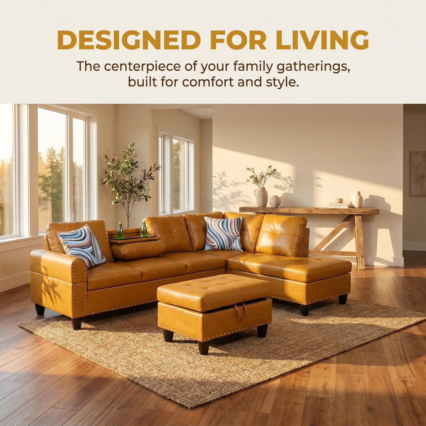 Trygoal Leather 3-Piece L-Shaped Couches for Living Room, Sectional Sofa with Storage Ottoman & Movable Chaise, Modular Convertible Couch for Bedroom & Apartment, Mustard Yellow