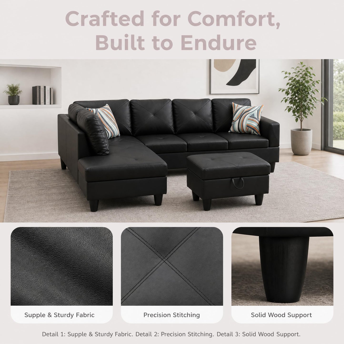 Trygoal 97" Leather L Shaped Couch with Left Chaise & Cup Holder, Sectional Sofas Modular Furniture Set with Storage Ottoman, Convertible Couches for Living Room, Small Space & Office (Black)
