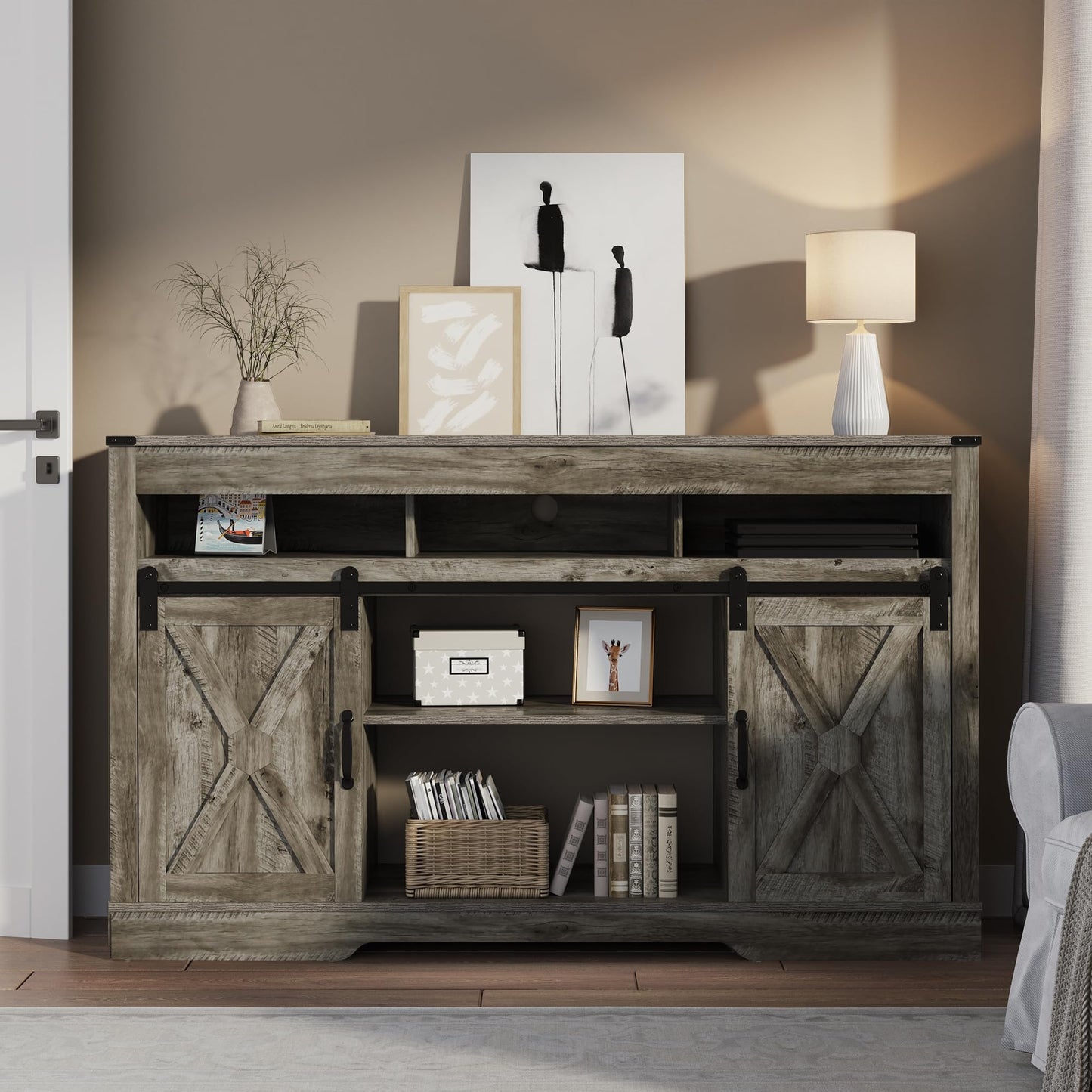 RoyalCraft Farmhouse TV Stand for 23" Electric Fireplace, 34'' Tall Entertainment Center for 65+ Inch TV, 34" Tall Rustic TV Console with Sliding Bar Door for Living Room (Light Grey)
