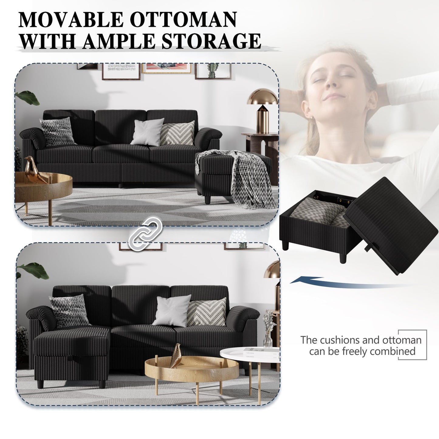 Meilocar Sectional Couch for Living Room, 79in Sectional Sofa with Ottoman, L Shaped Couch with Armrests Side Storage Pockage, 3-Seat Sofa Couches for Apartment, Black