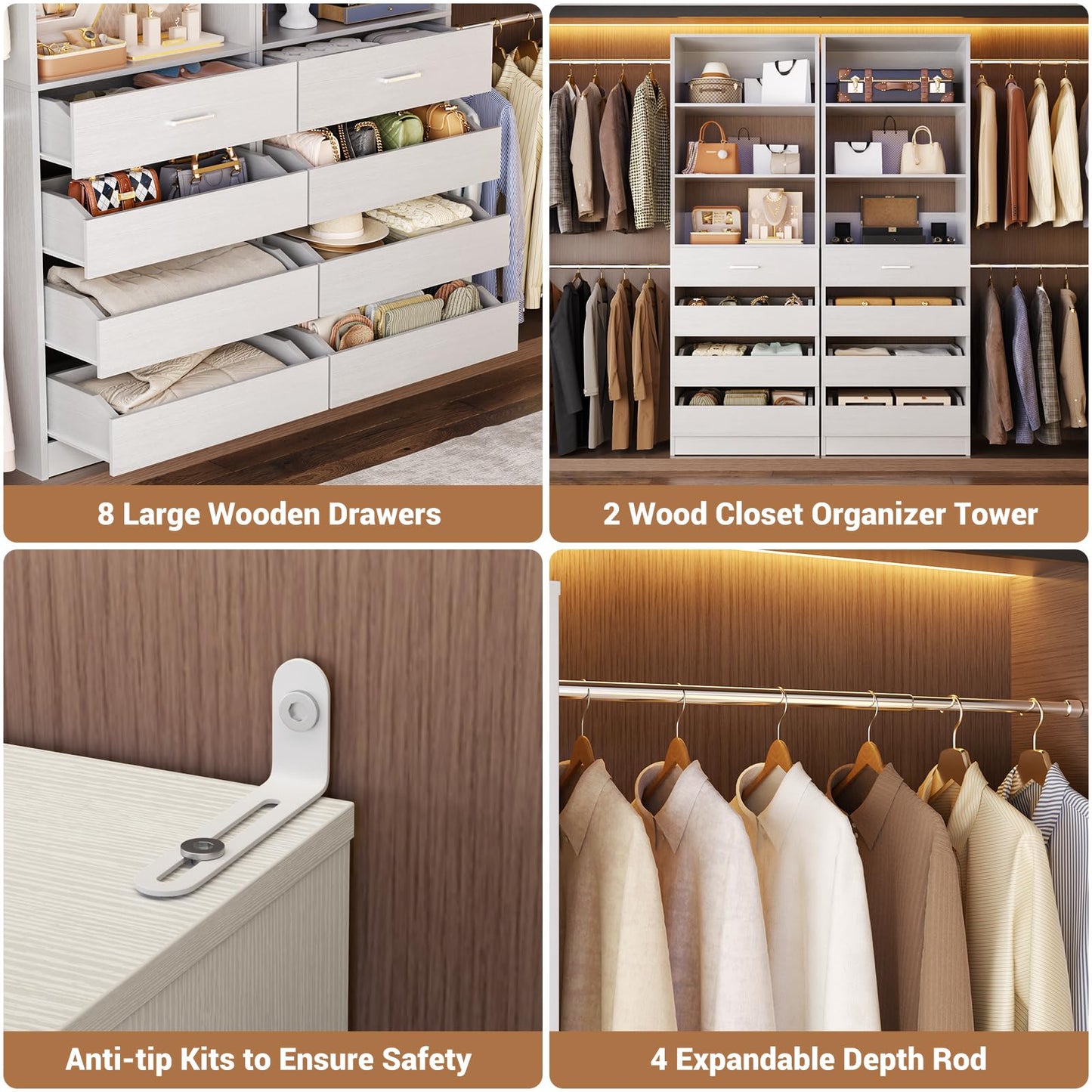 Aheaplus Closet System, 6-15Ft Closet Organizer with 8 Wooden Drawers, Wood Closet Organizer System with Tower, Walk-in Closet Organizer Wardrobe Clothes Rack with 4 Hanging Rods, Garment Rack, White
