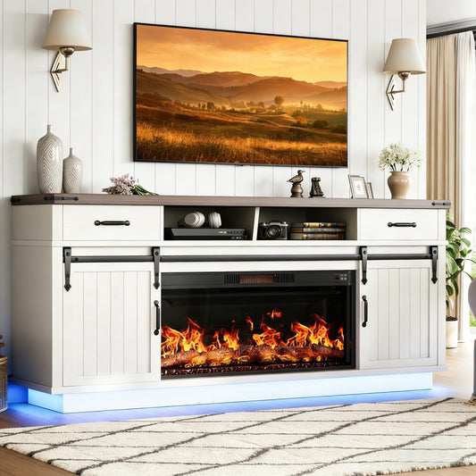 Jocoevol 70'' Fireplace TV Stand with 36‘’ Electric Fireplace, Tall Farmhouse TV Stand for 65/75 Inch TV, Entertainment Center TV Console with 2 Drawers, Sliding Barn Door for Living Room - White