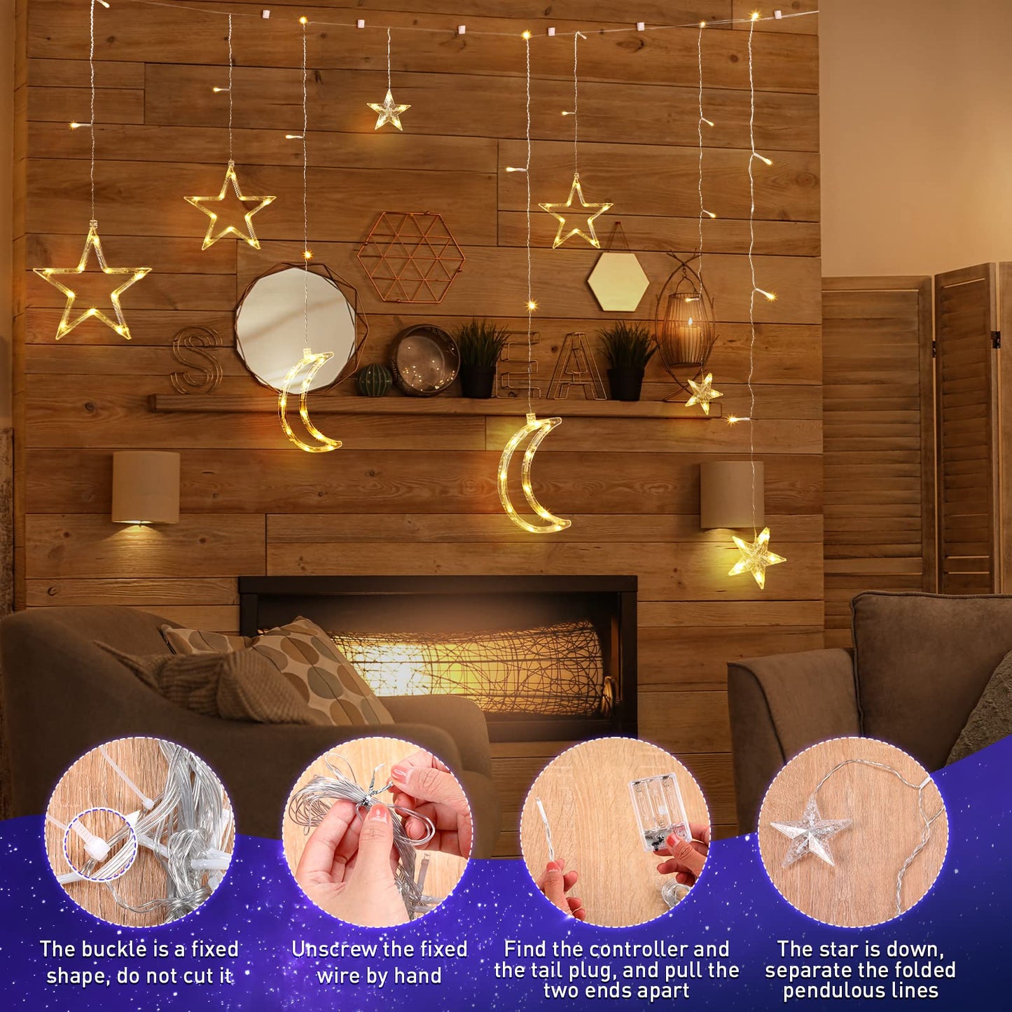 Riakrum 11.48 ft LED Star and Moon String Lights, Warm White, USB Powered, Waterproof, Model Riakrum-String Lights-073